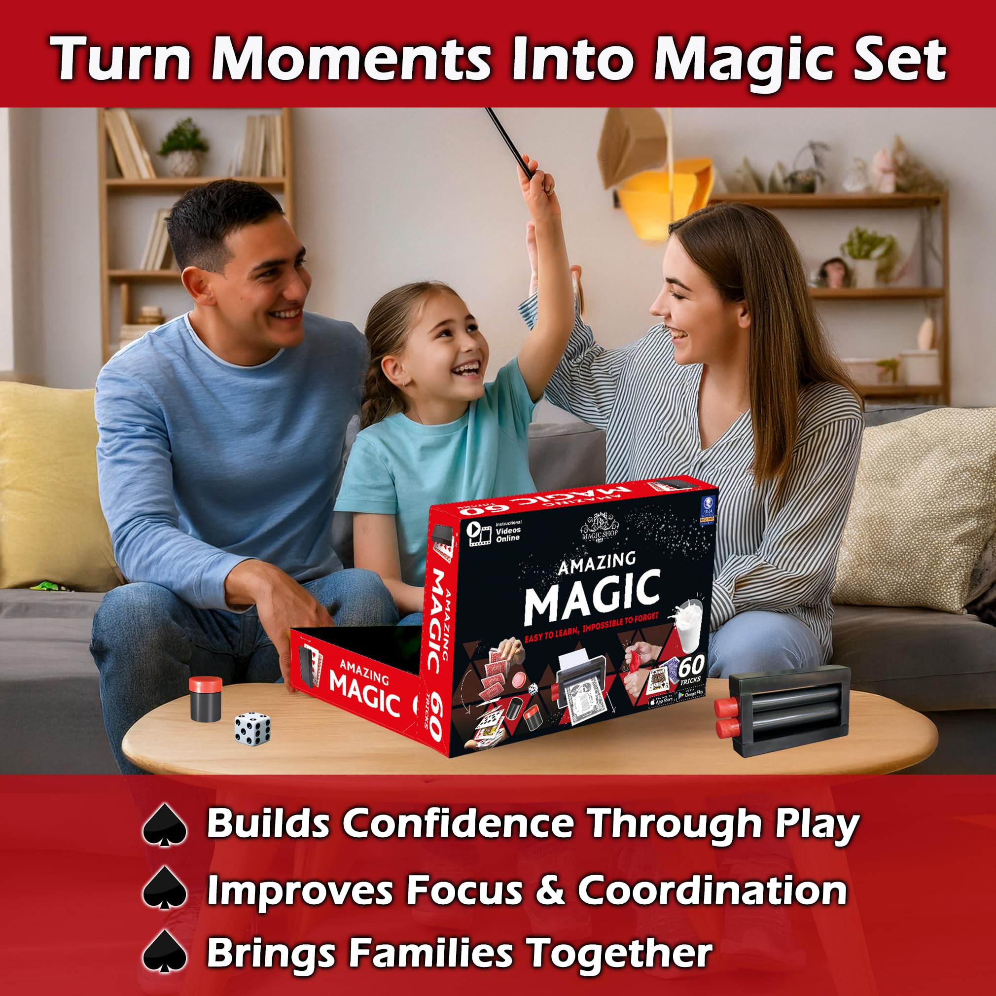 RA MAGIC SHOP Child performs a magic act on a compact stage setup