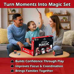 RA MAGIC SHOP Child performs a magic act on a compact stage setup