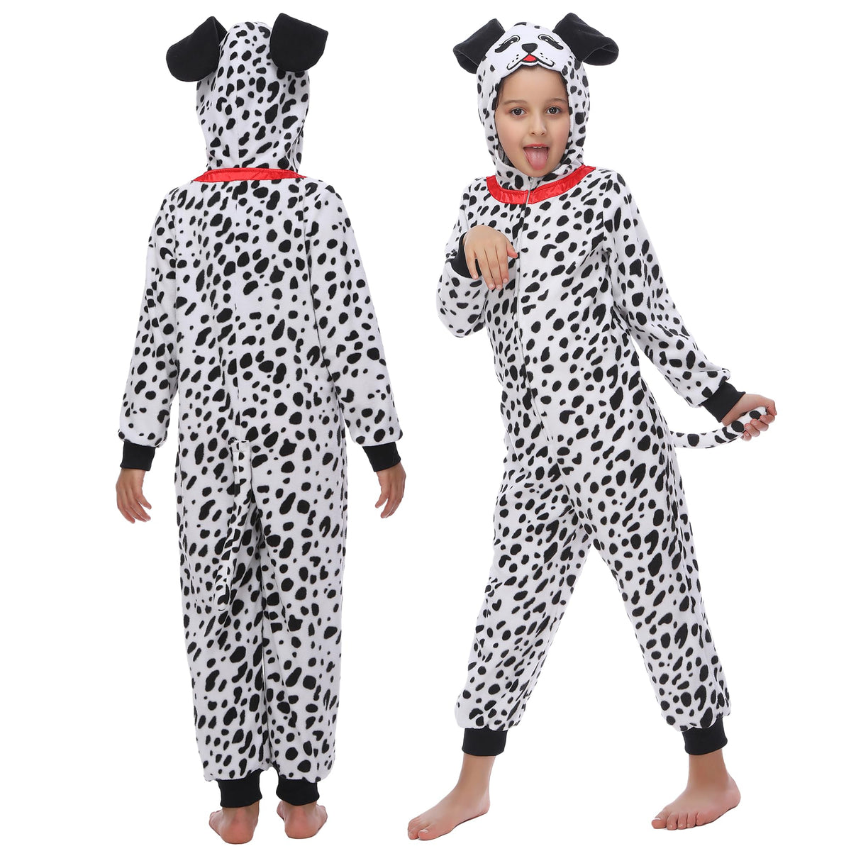 Rabtero Kids Dalmatian Costume hooded onesie with dalmatian print and ears for cozy wear
