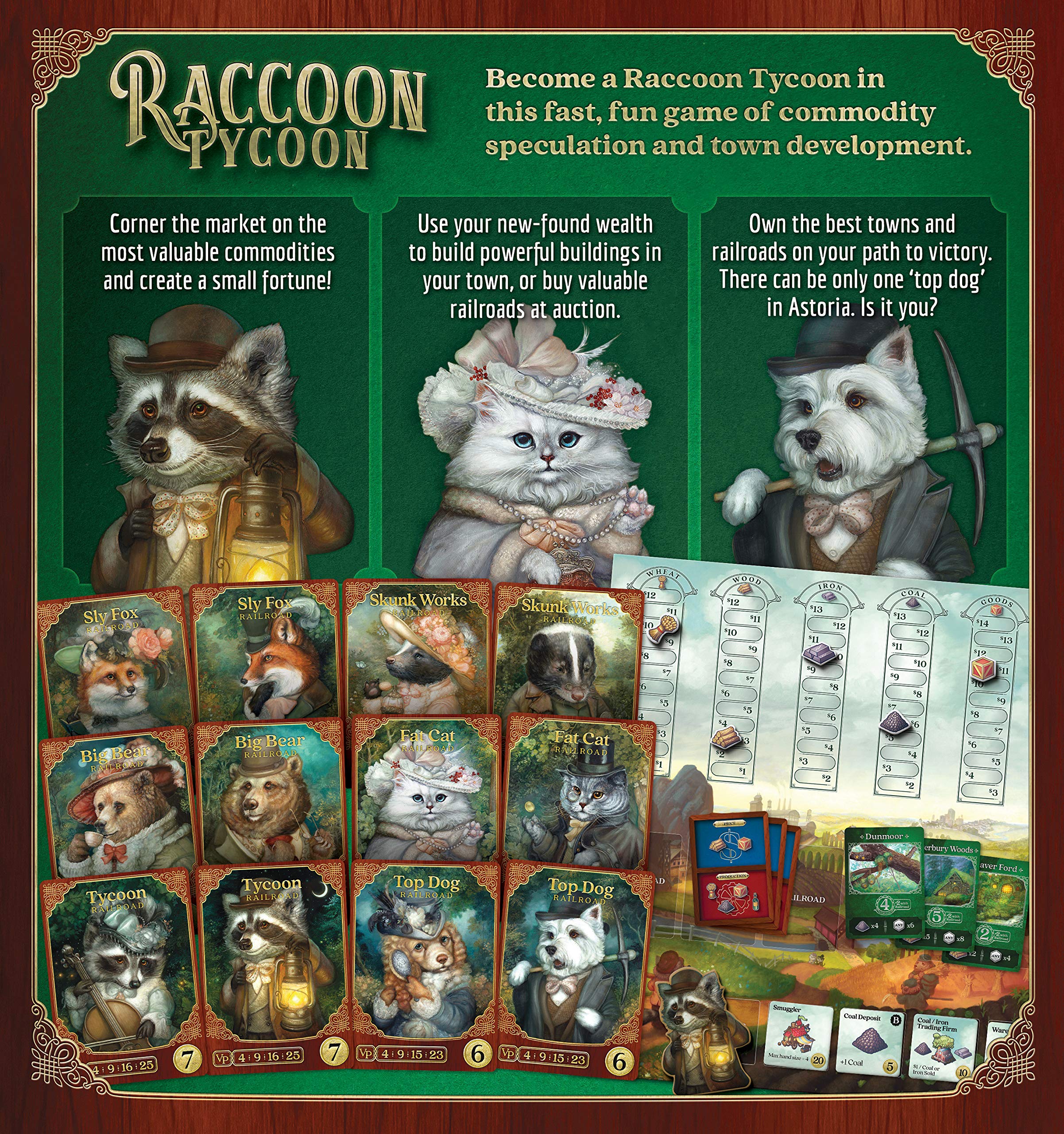 Raccoon Tycoon family game-night setup inviting kids and adults to compete.