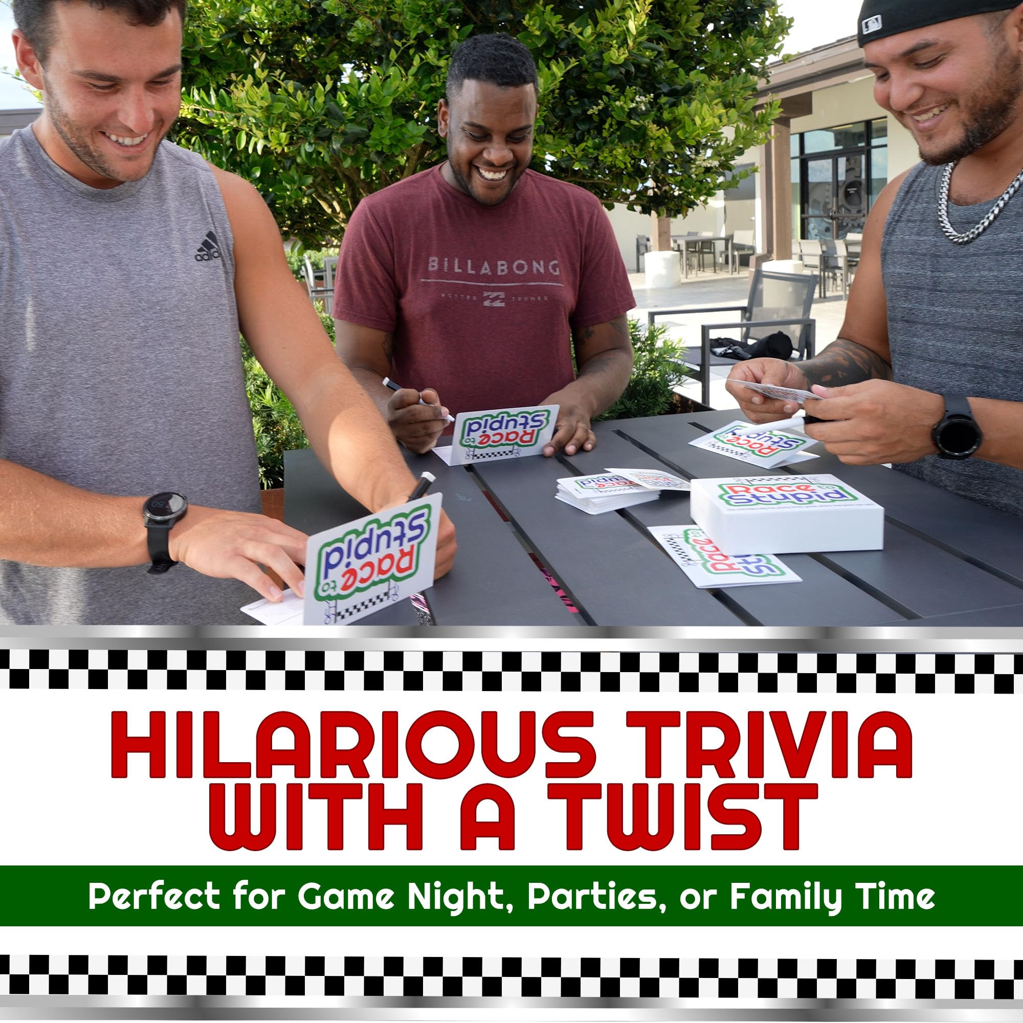 Race to Stupid trivia cards spread on a table for quick rounds.