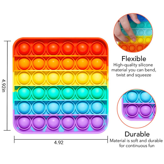 RadBizz Push Pop Rainbow Square in-hand demonstrates portable sensory tool for busy days