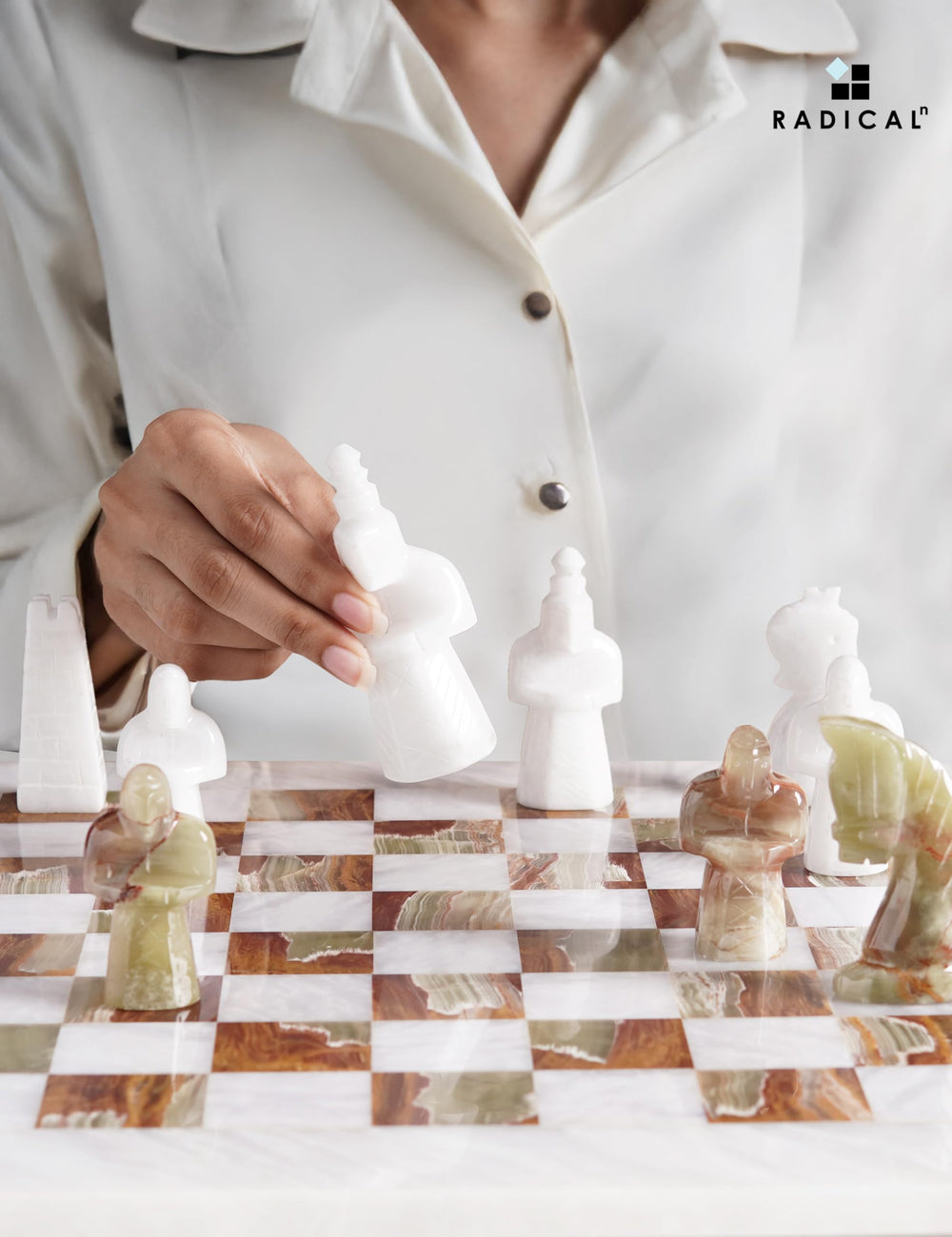 Full Radicaln chess set viewed in a complete board setup for two players