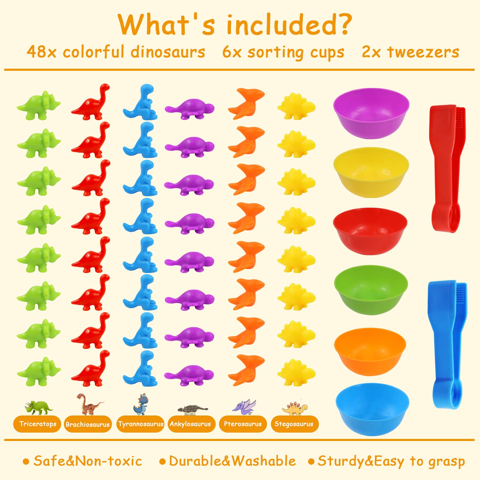 Colorful dinos support early color sorting and visual discrimination during play.