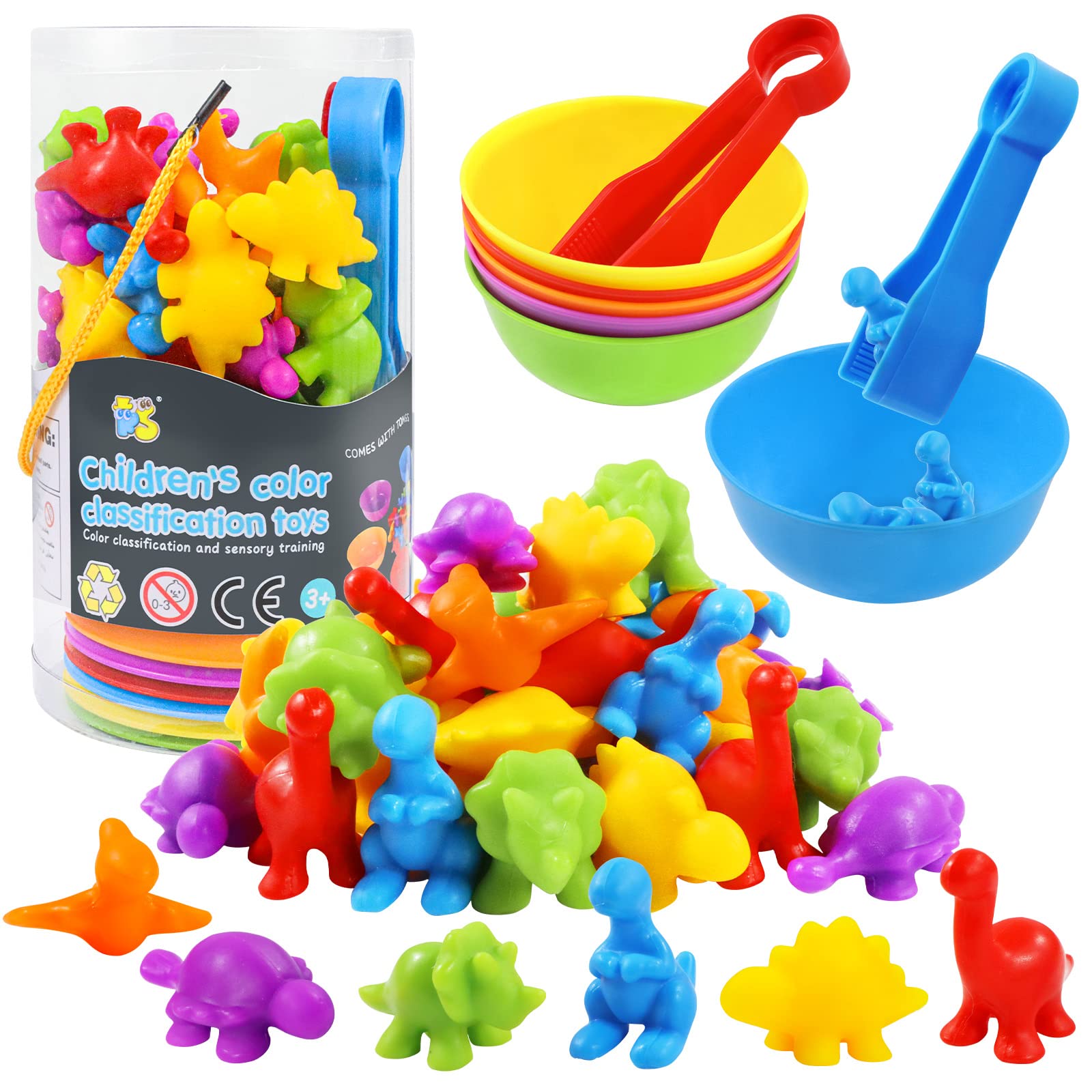 RAEQKS counting sorting dinosaur toys with bowls for color recognition and fine motor skills.