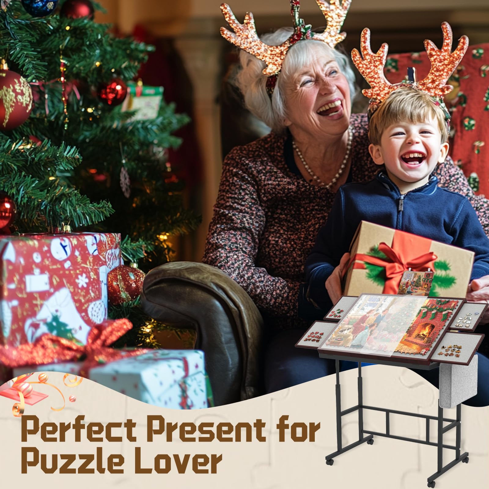 RAGOZONERY Jigsaw Table coffee finish complements any workspace.