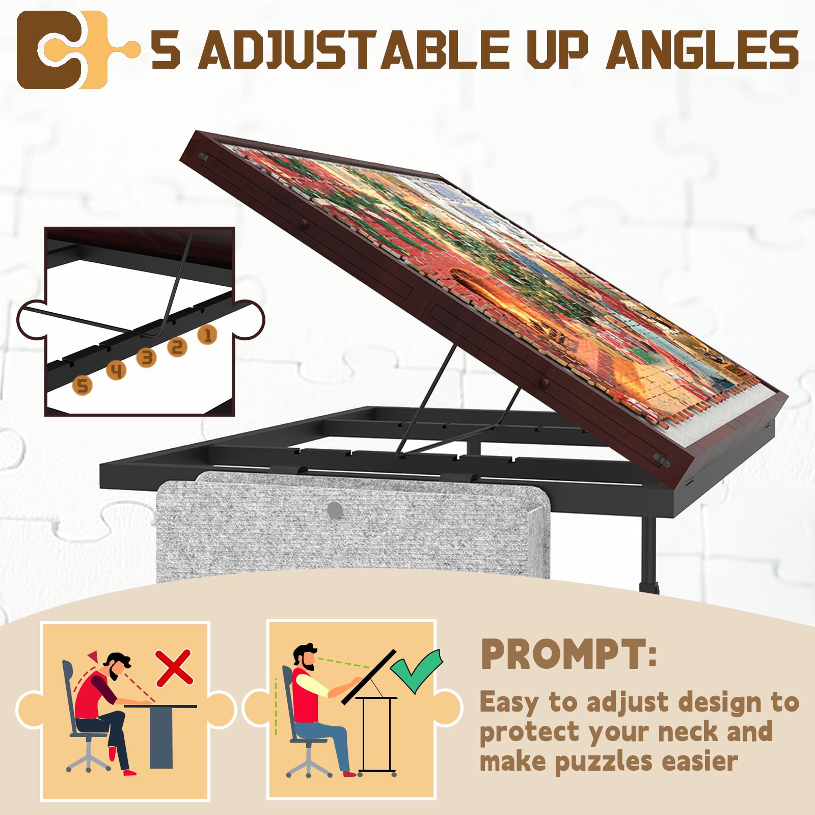 RAGOZONERY Jigsaw Table tilt settings adapt to different puzzle styles with reduced neck strain.
