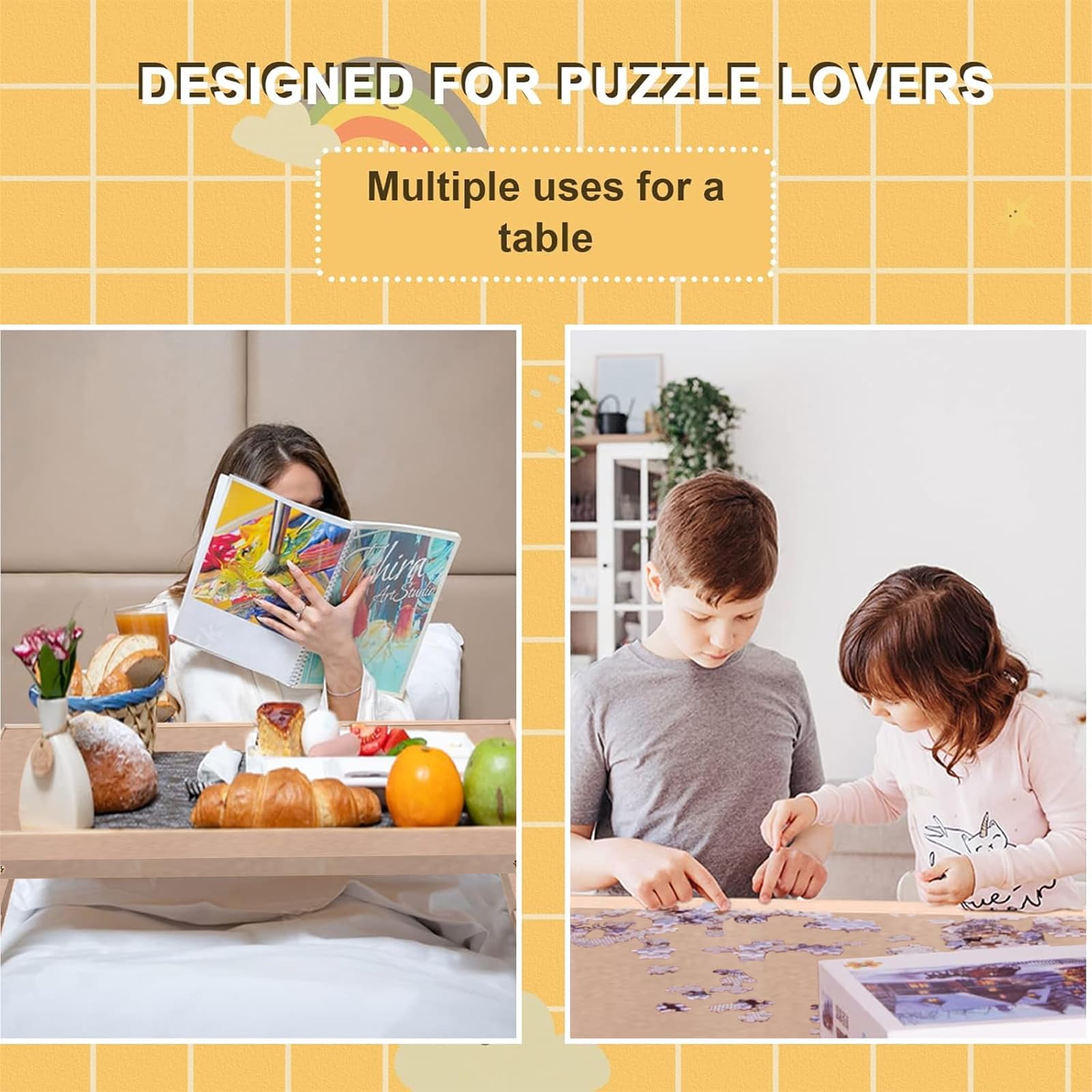 RAGOZONERY puzzle table almond finish complements any room decor.