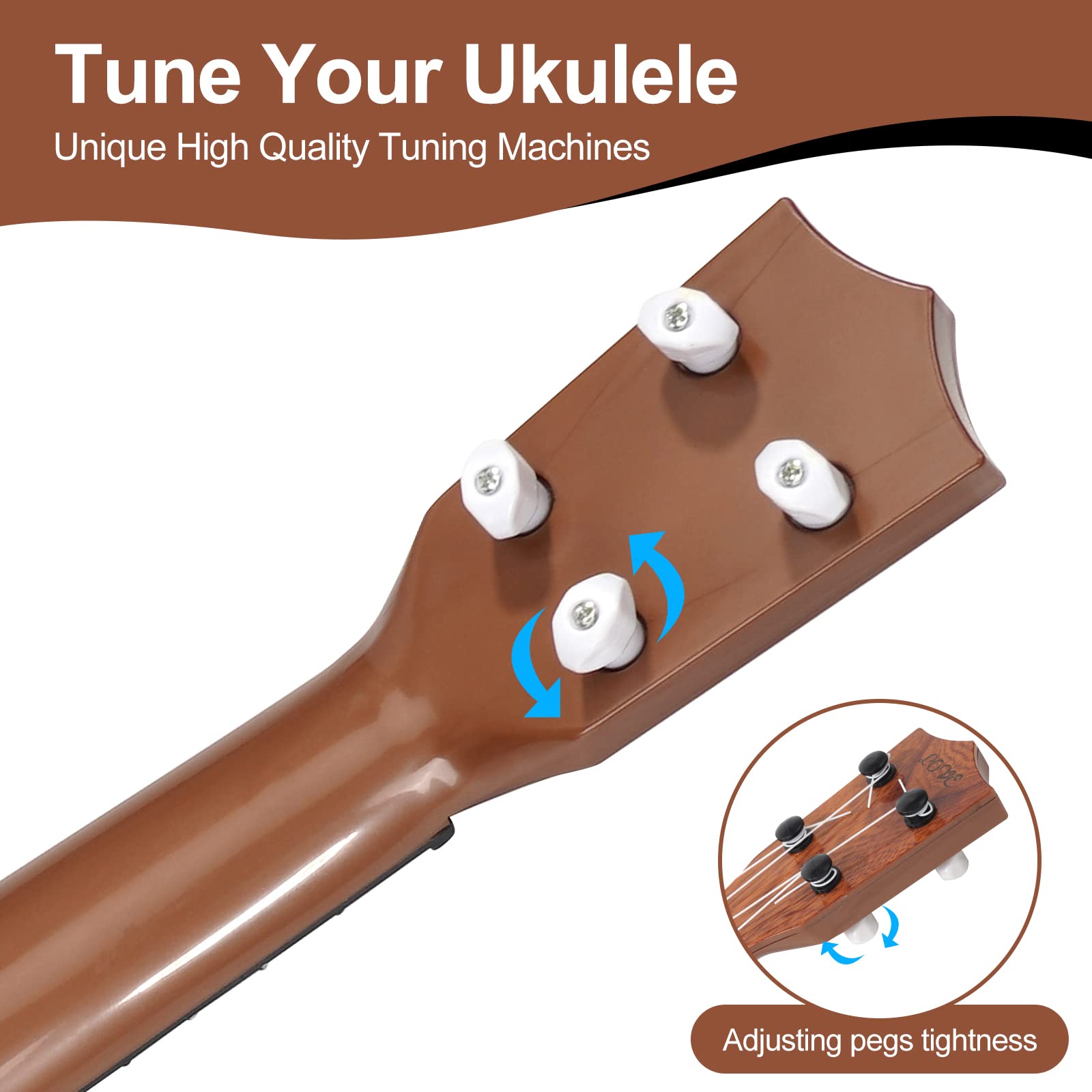 Raimy 17in kids ukulele hand-playing highlights kid-sized, comfortable grip.