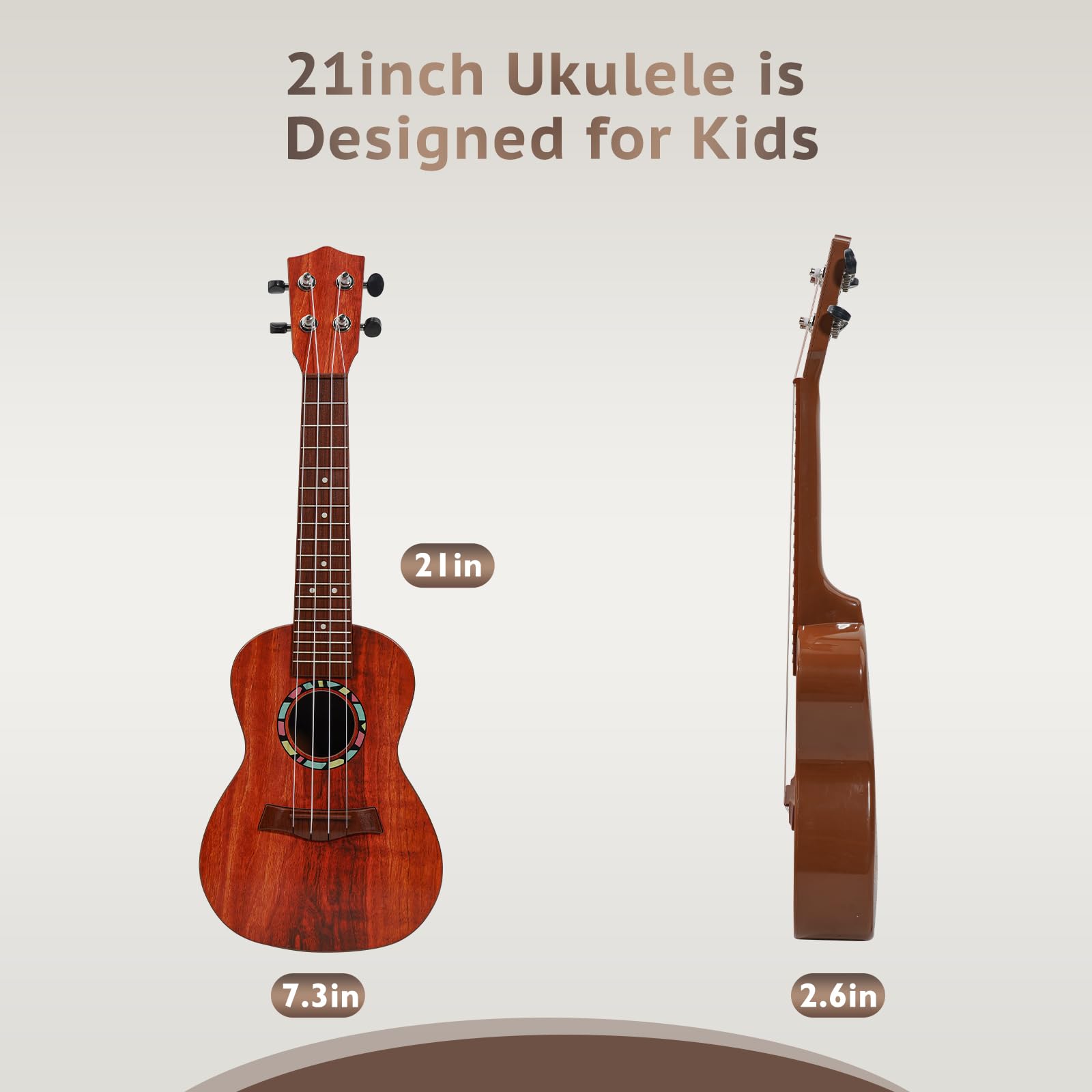 Raimy Kids Guitar Ukulele 21in brown finish with warm, inviting look
