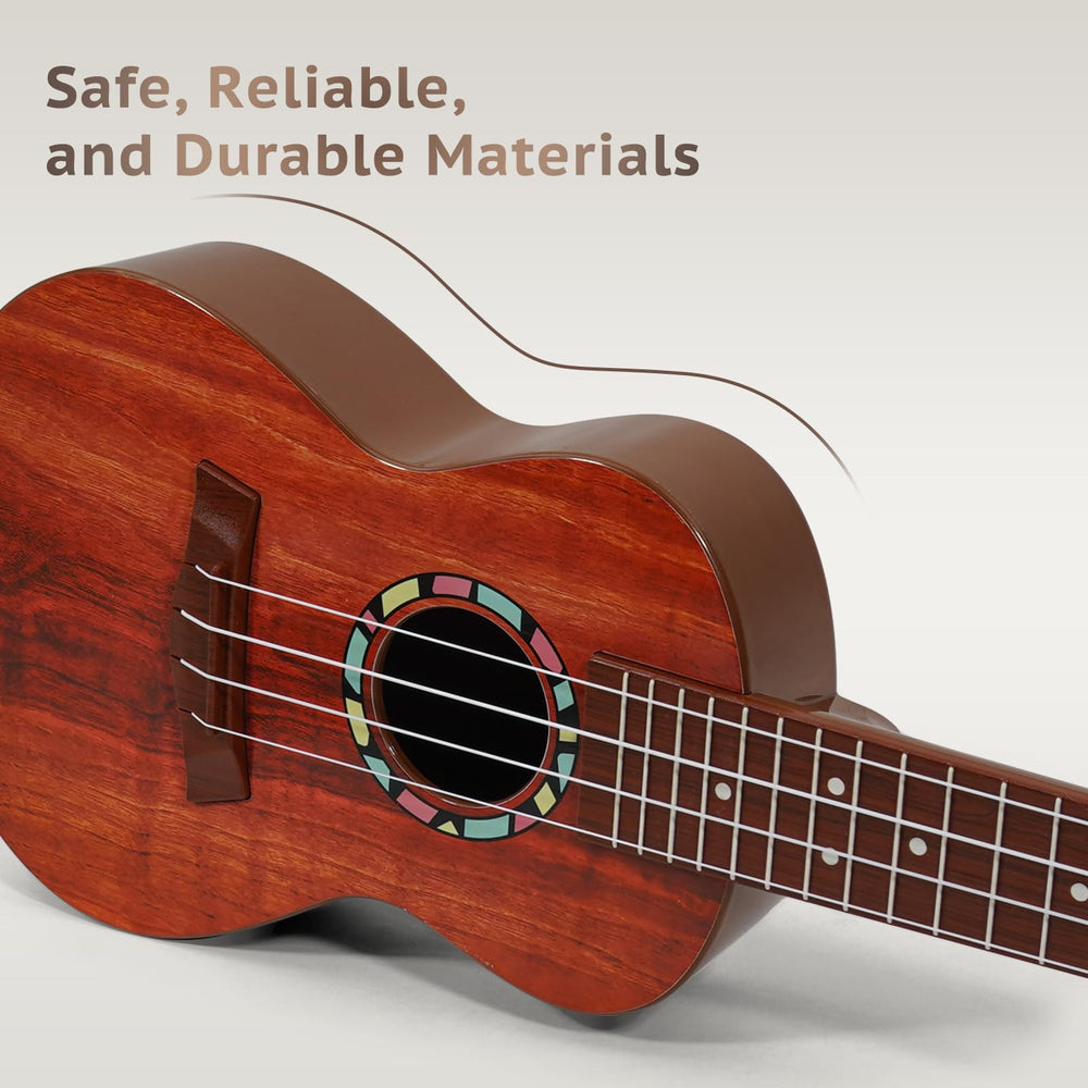 Raimy Kids Guitar Ukulele 21in strings closeup indicating playability