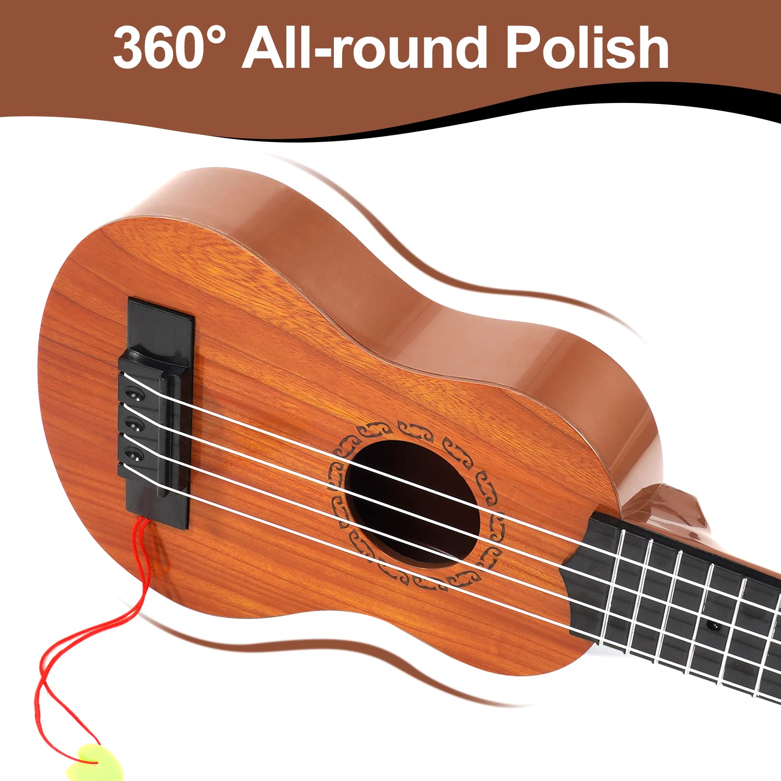 Raimy ukulele wood-texture ABS shell adds lifelike charm for pretend play.