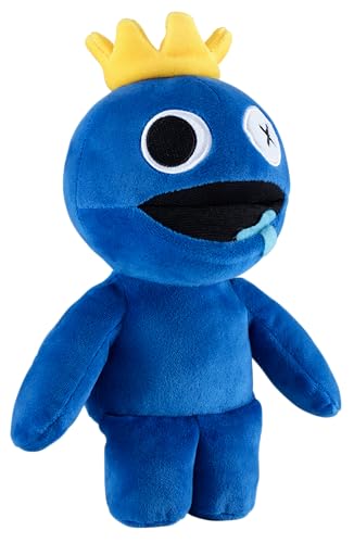Rainbow Friends blue plush side view, vibrant decor piece for shelves.