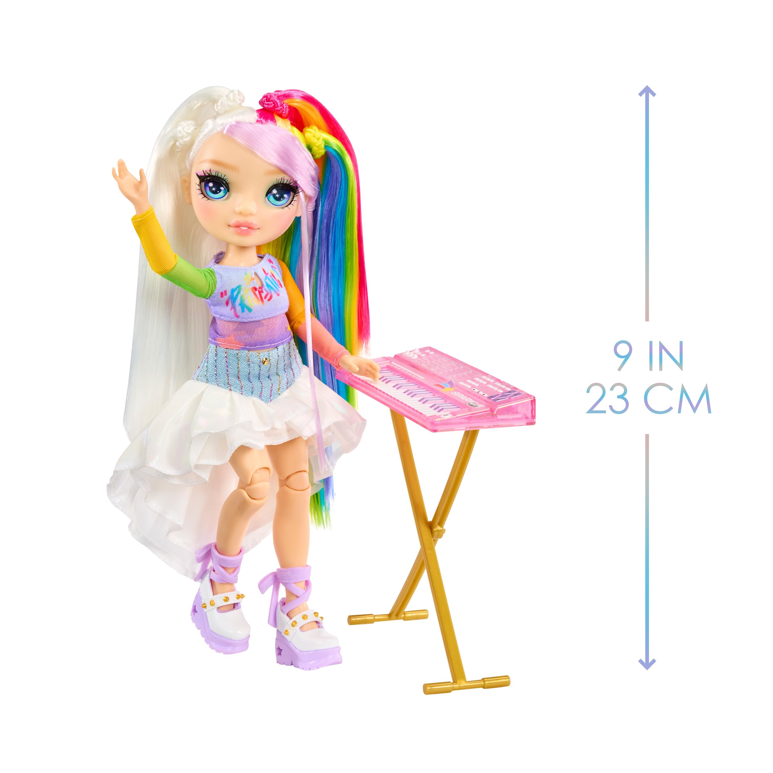 Rainbow High Amaya stickers for instrument customization spark creativity during pretend concerts.