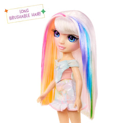 Rainbow High Amaya tall white boots complete a polished, stylish look
