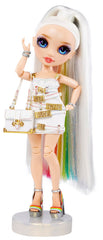 Rainbow High Amaya in white dress with colorful threads for versatile mix-and-match.