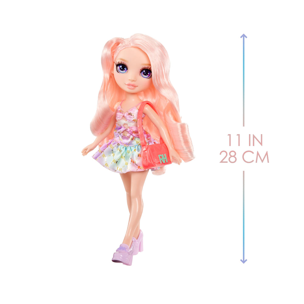 Rainbow High Bella long pink hair enables versatile styling.