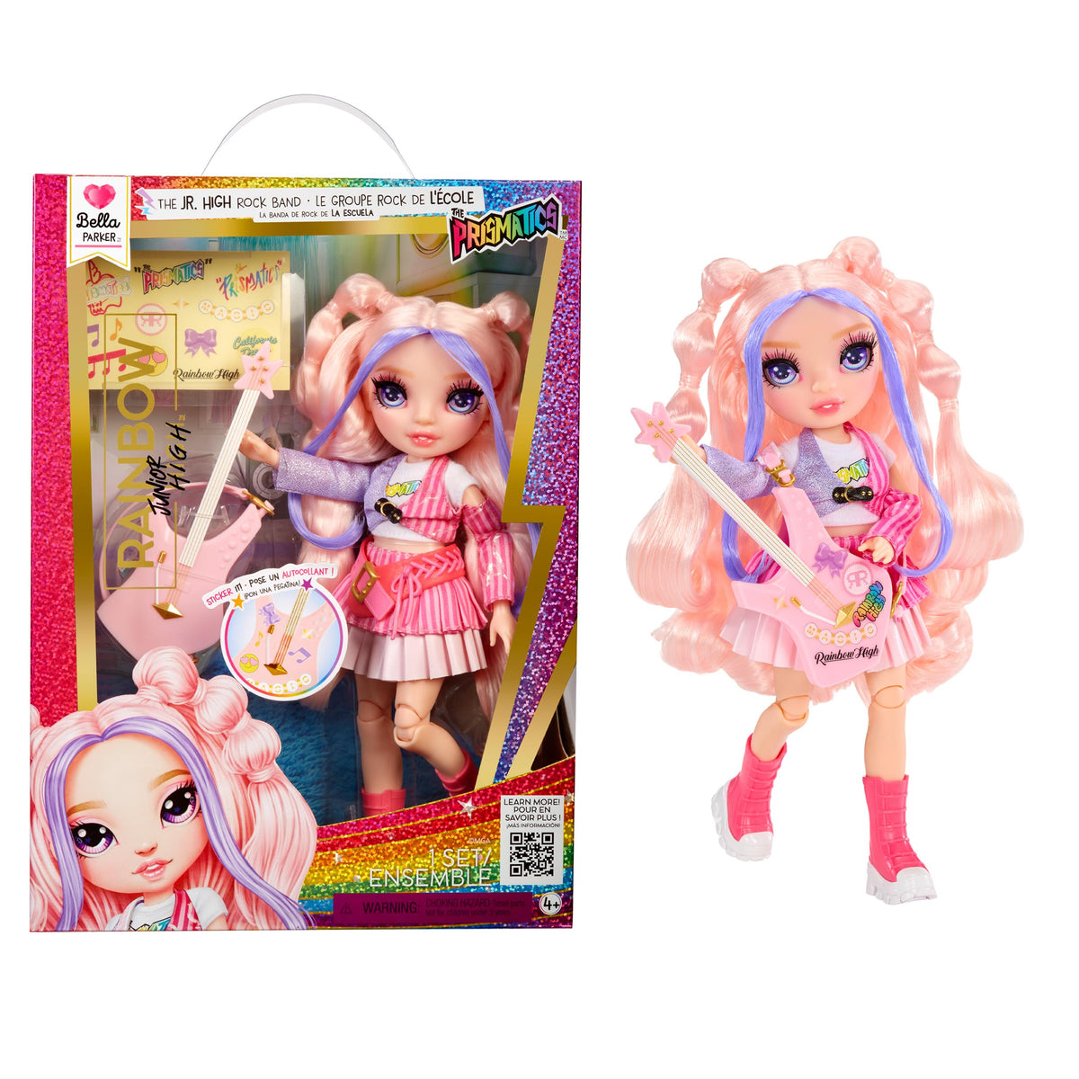 Rainbow High Bella pink bass guitar for imaginative rock performances.