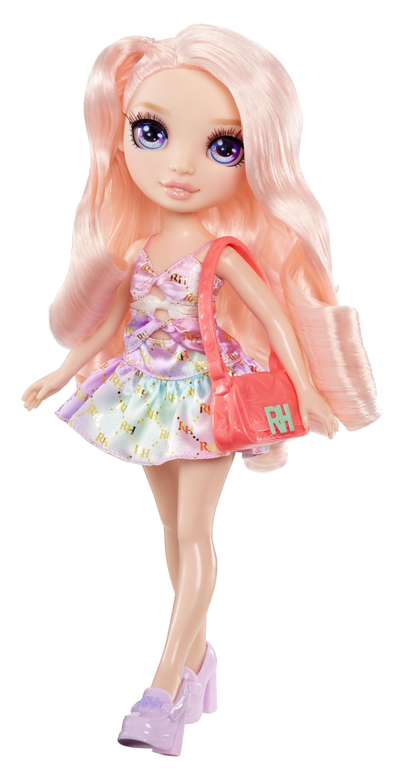 Rainbow High Bella pink handbag completes outfits for pretend shopping.