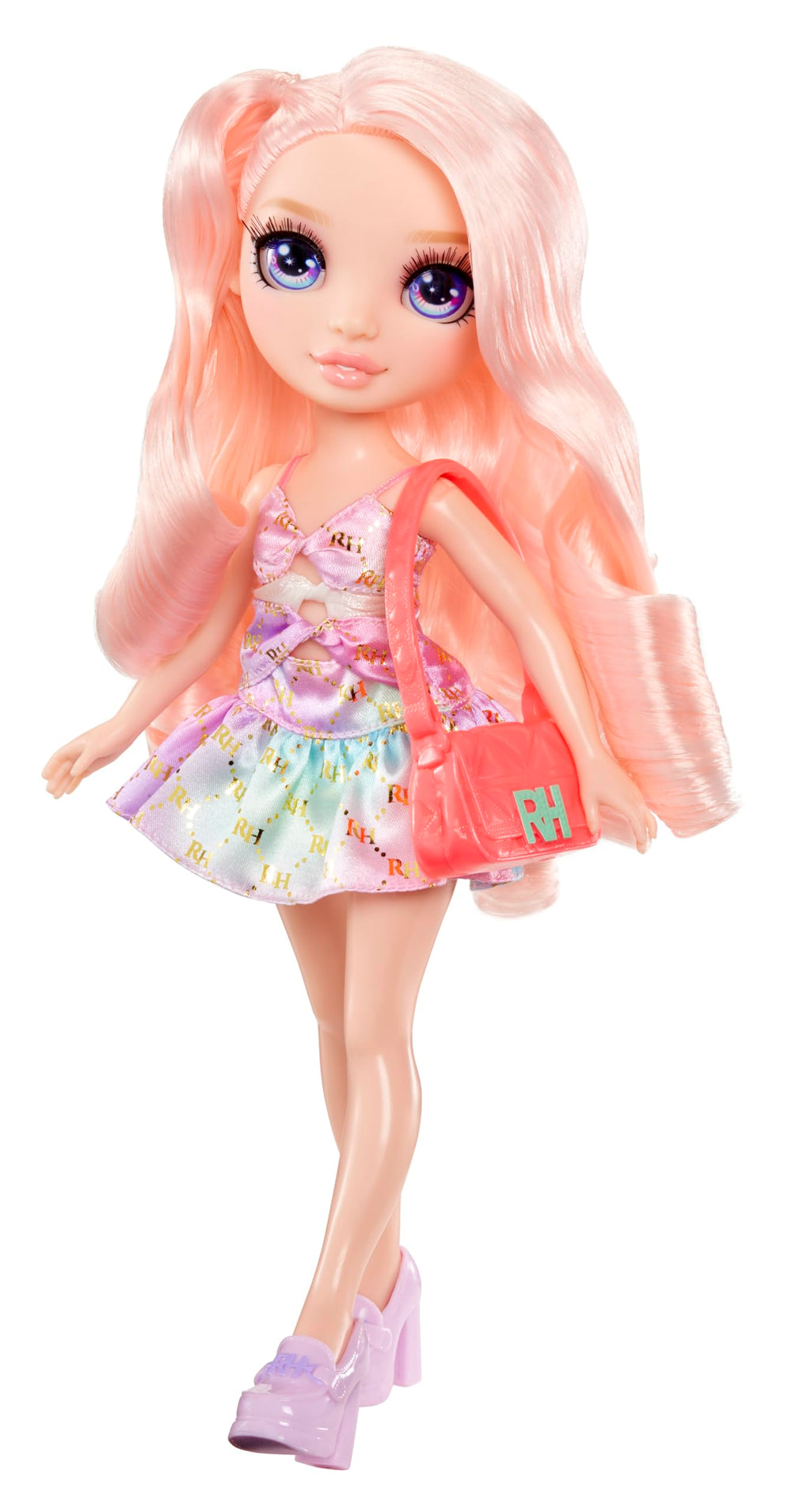 Rainbow High Bella pink handbag completes outfits for pretend shopping.