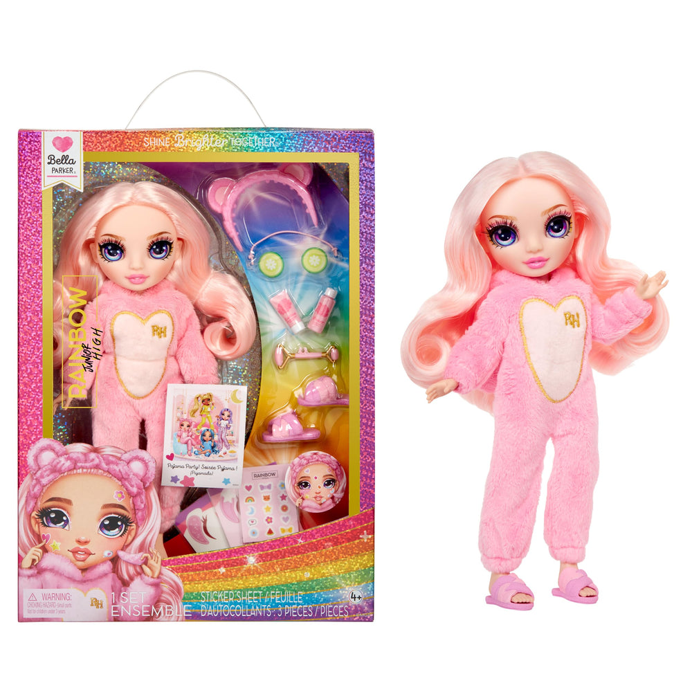 Rainbow High Bella in a pink onesie ready for cozy, imaginative play.