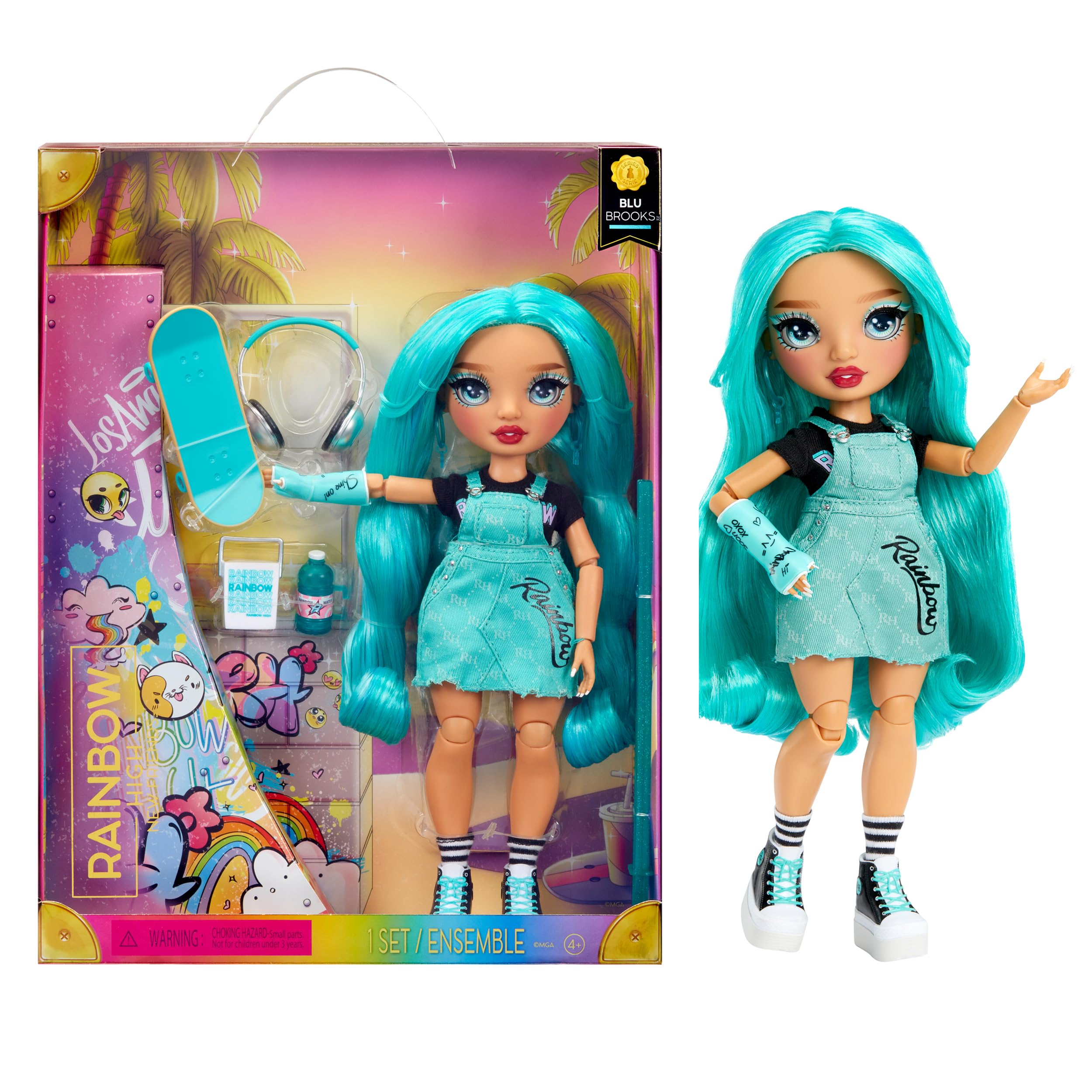 Rainbow High Blu doll in blue outfit with skateboard, ideal for imaginative play.