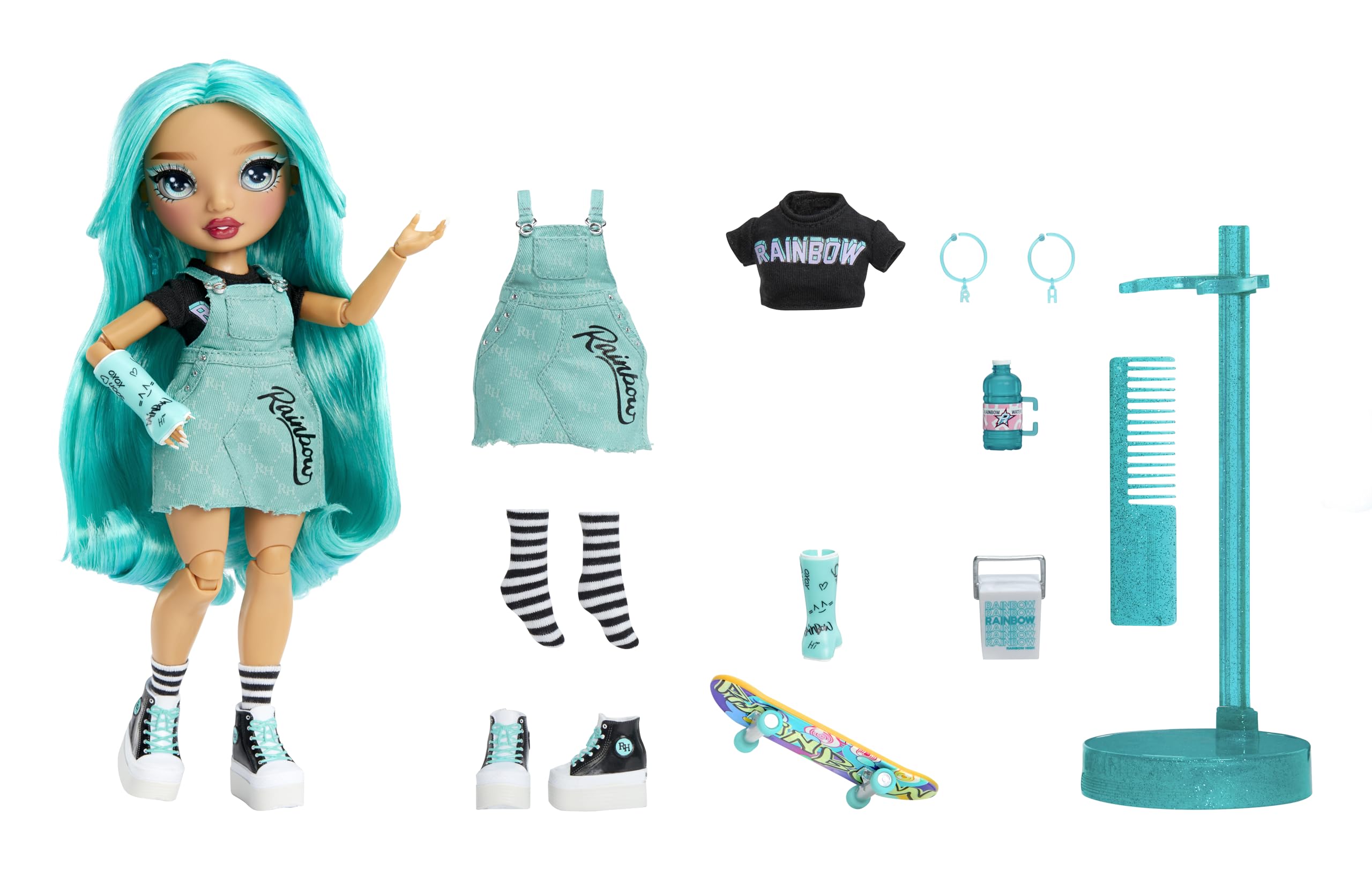Rainbow High Blu hair detail in aqua, adds expressive styling options.