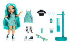 Rainbow High Blu hair detail in aqua, adds expressive styling options.