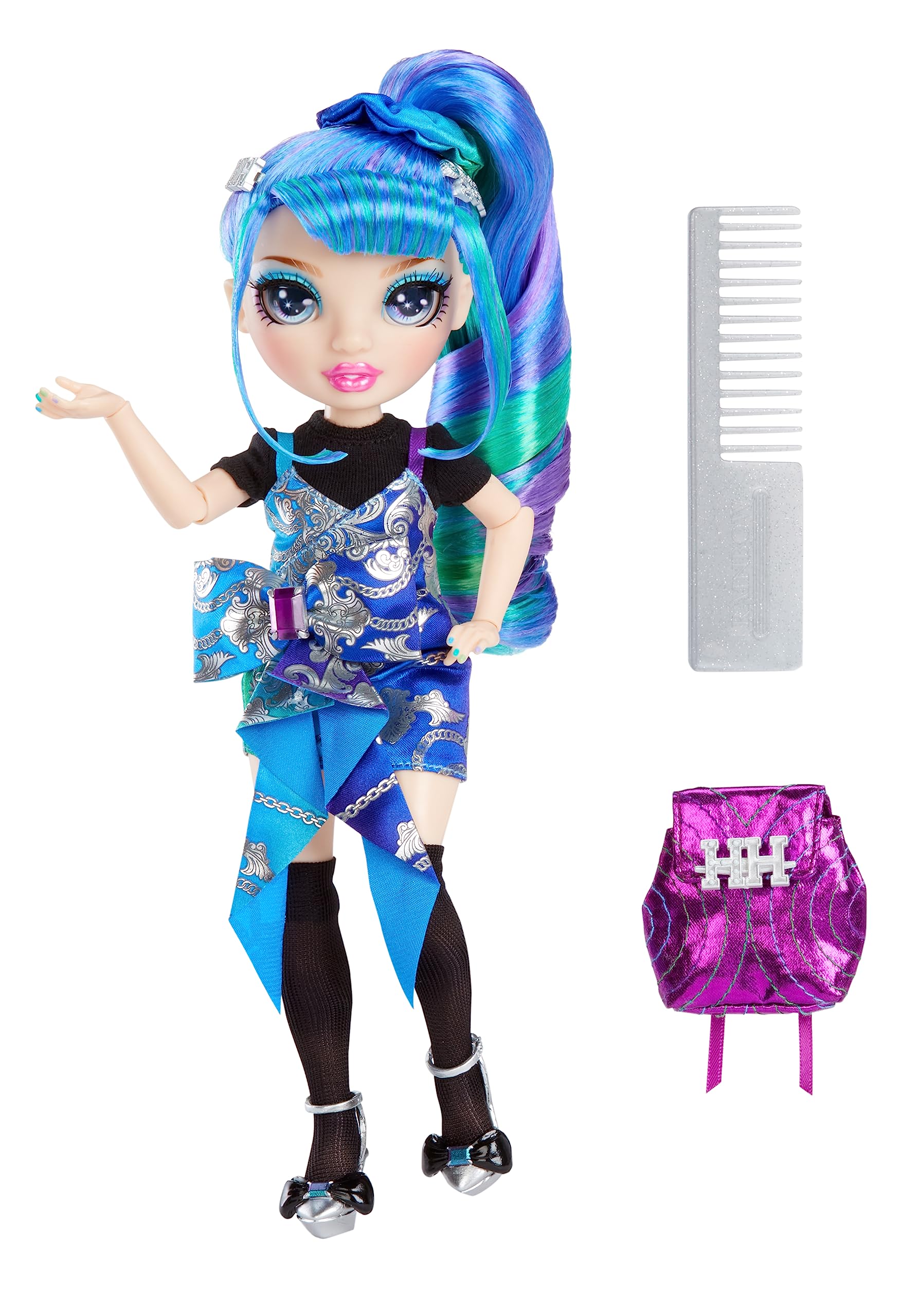 Rainbow High Holly blue-green satin dress detail highlights stylish school-day styling.