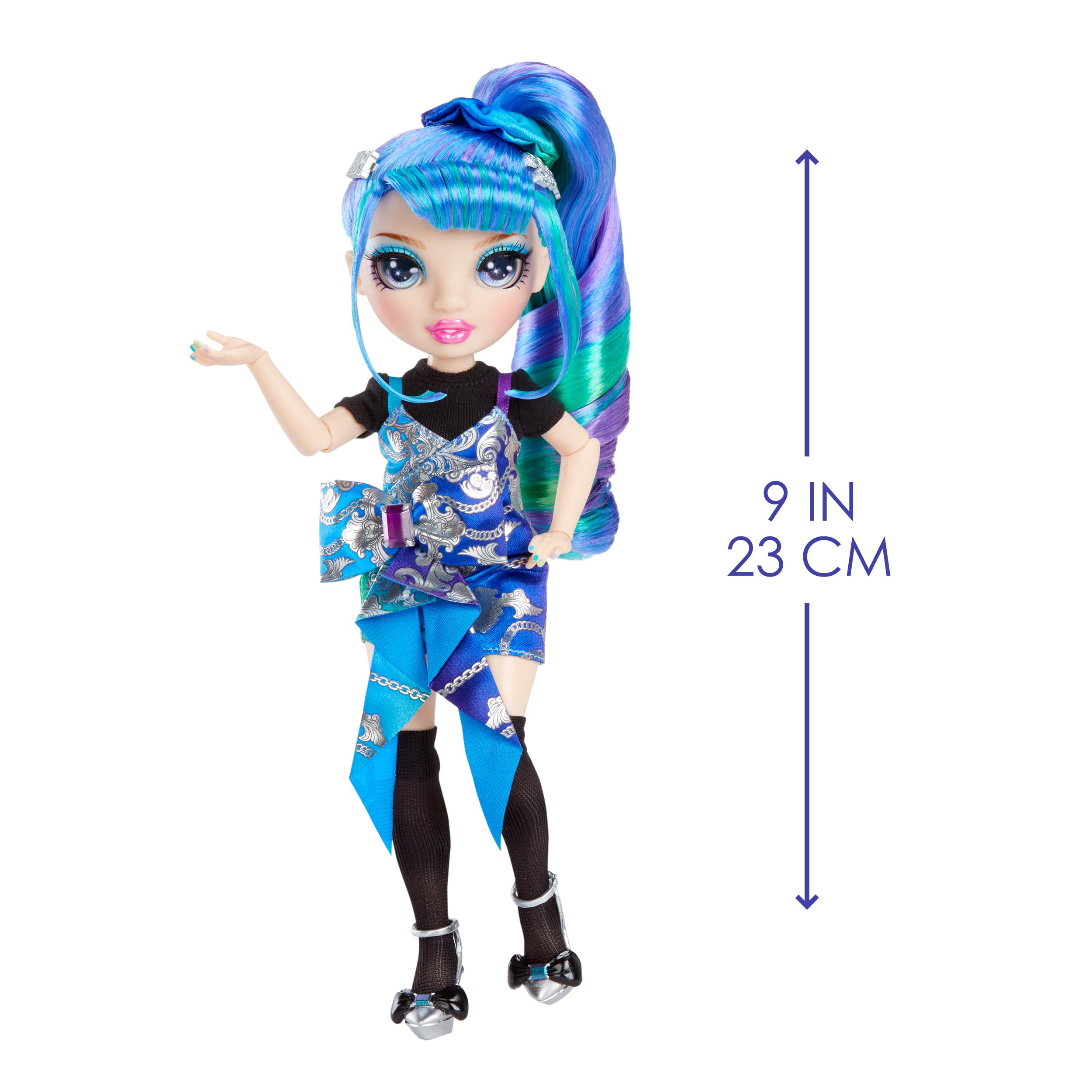Rainbow High Holly long blue-green ponytail adds vibrant posing options.