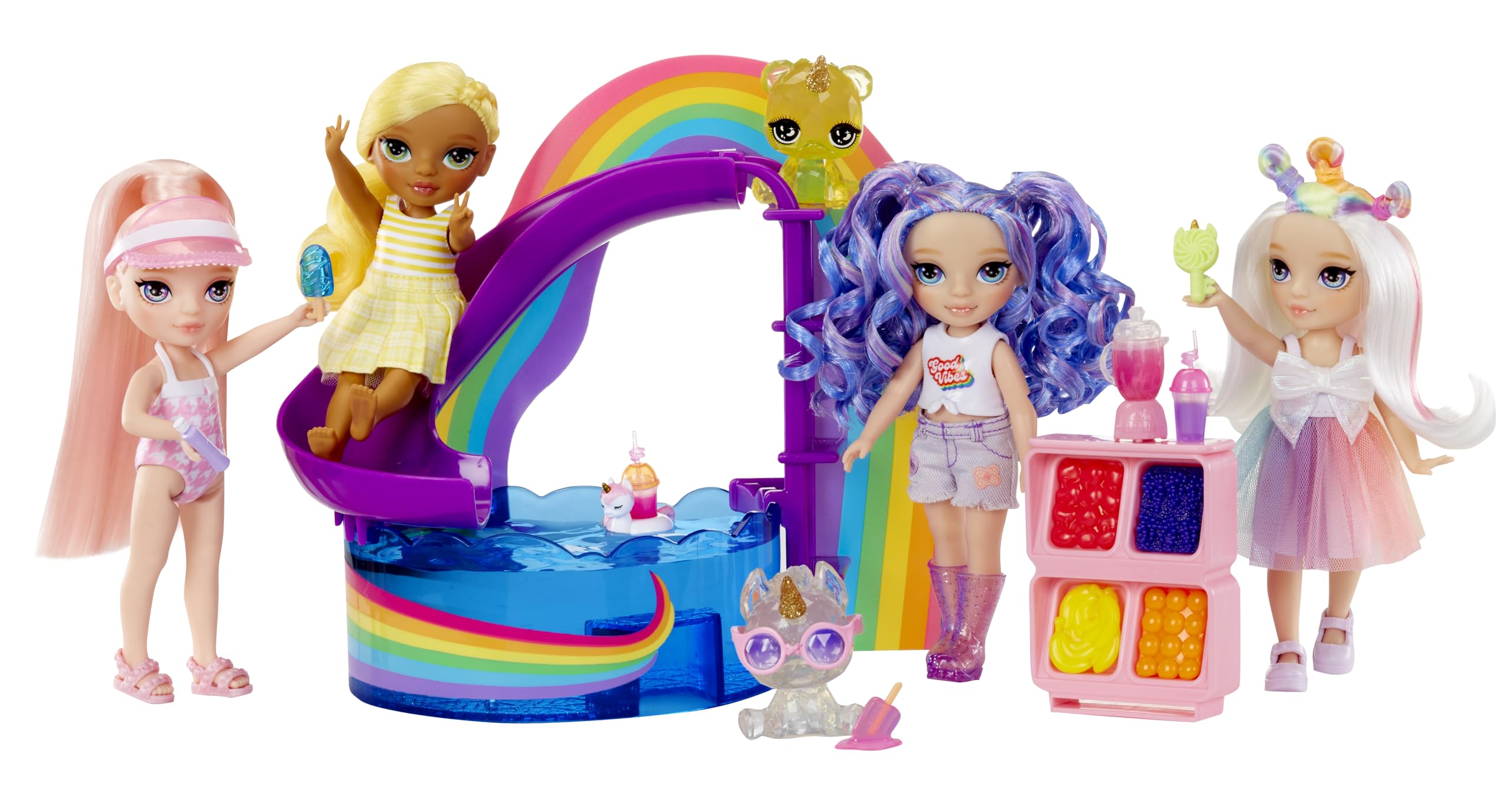 Rainbow High Littles pool day set includes all included items for stories