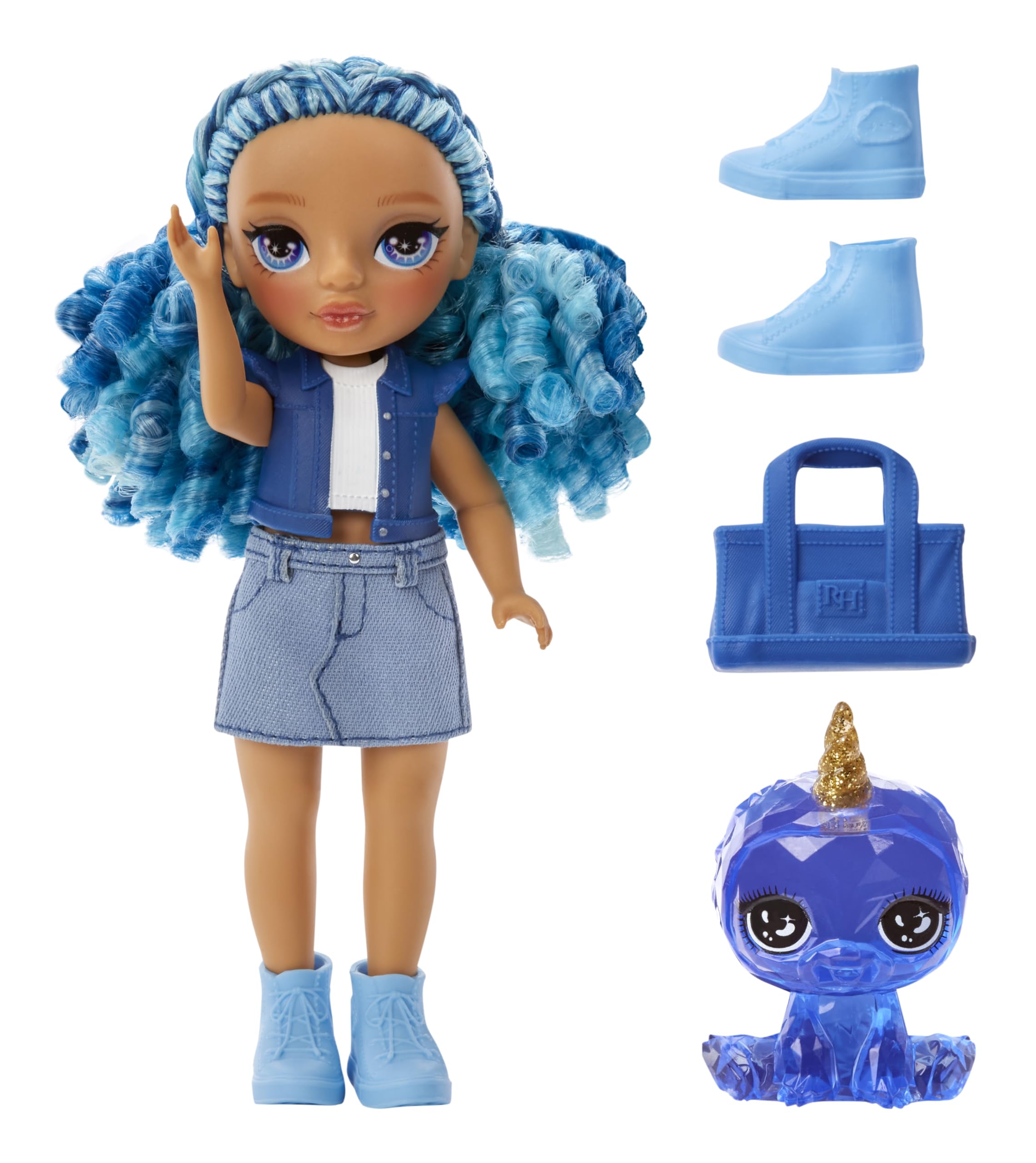 Sapphire denim outfit and purse for stylish, kid-friendly play