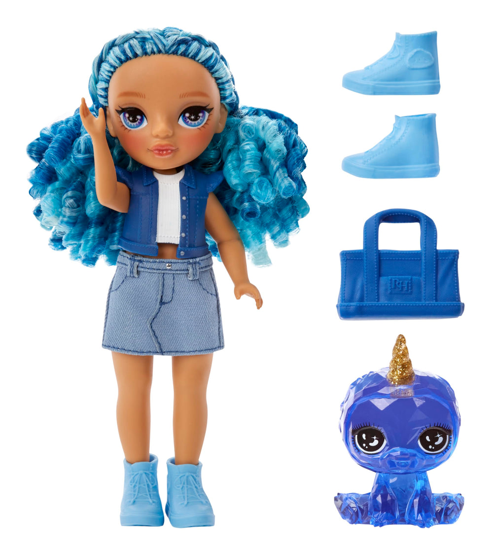 Sapphire denim outfit and purse for stylish, kid-friendly play
