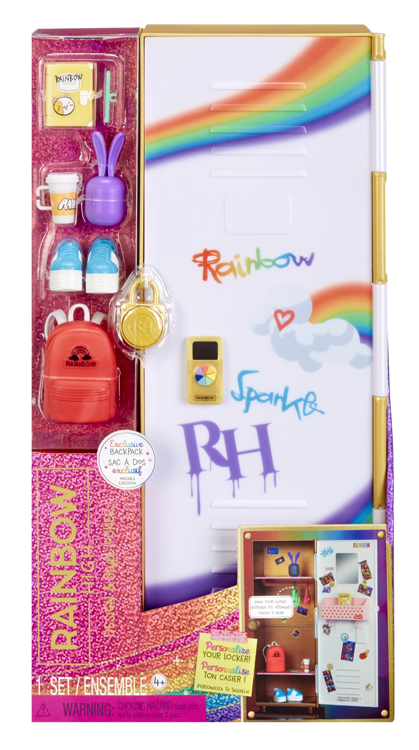 Rainbow High locker open with a doll inside for imaginative storytelling.