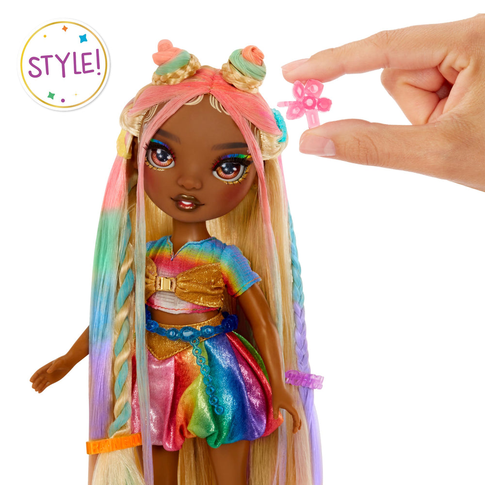 Rainbow High Meline hair chalk combs and clips help secure fun styles.