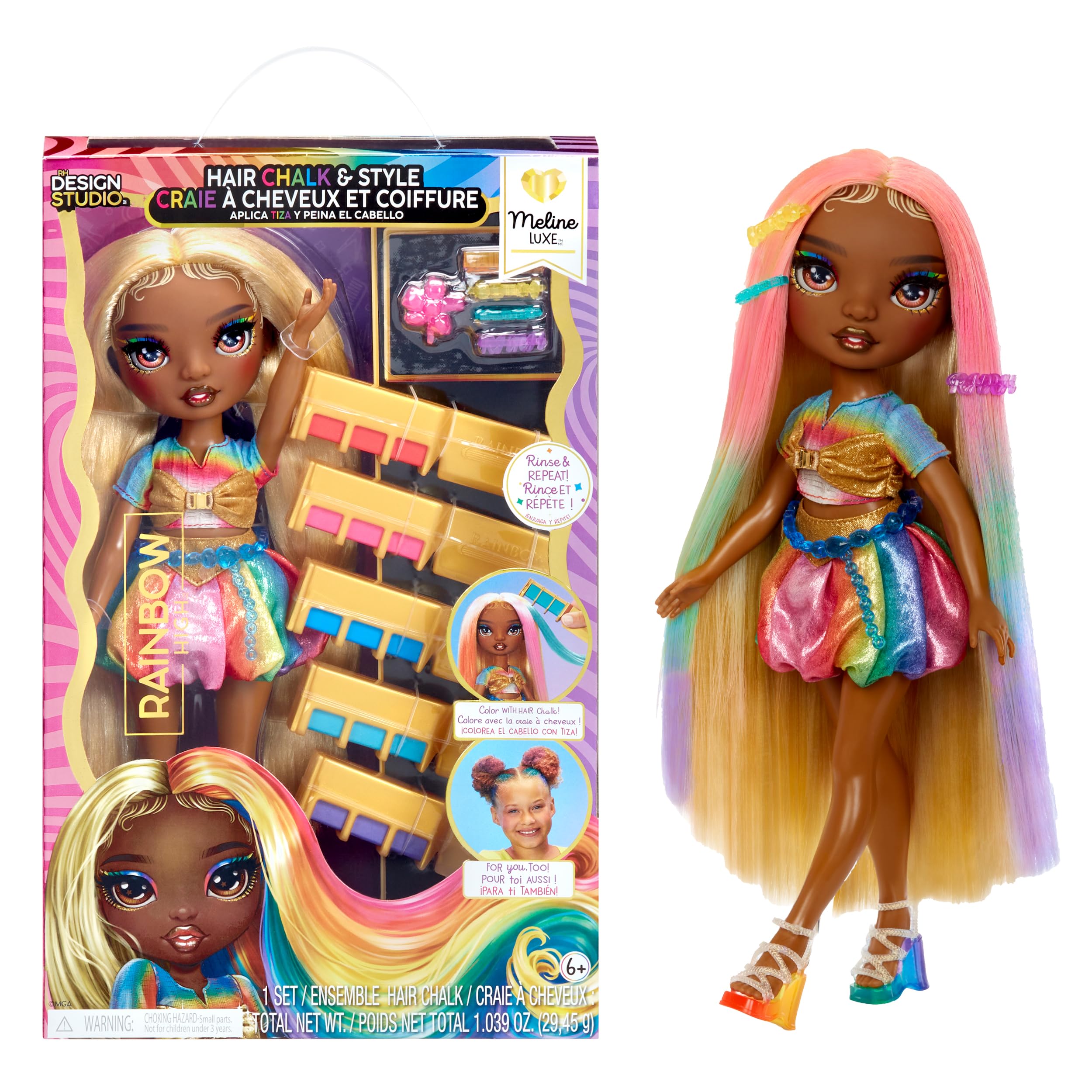 Rainbow High Meline doll with hair chalk kit sparks colorful, creative styling.