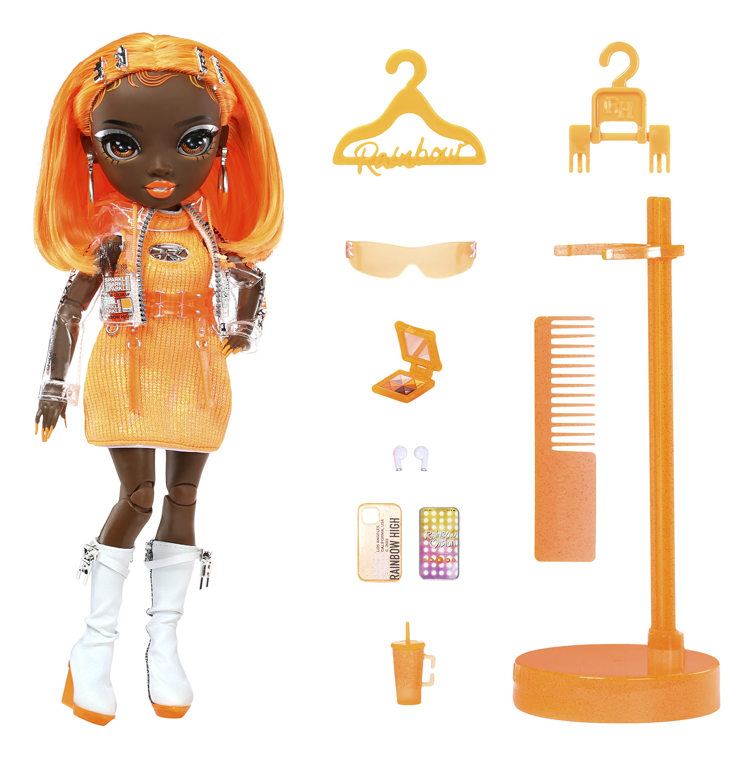 Rainbow High Michelle orange hooded jacket for stylish, pretend adventures