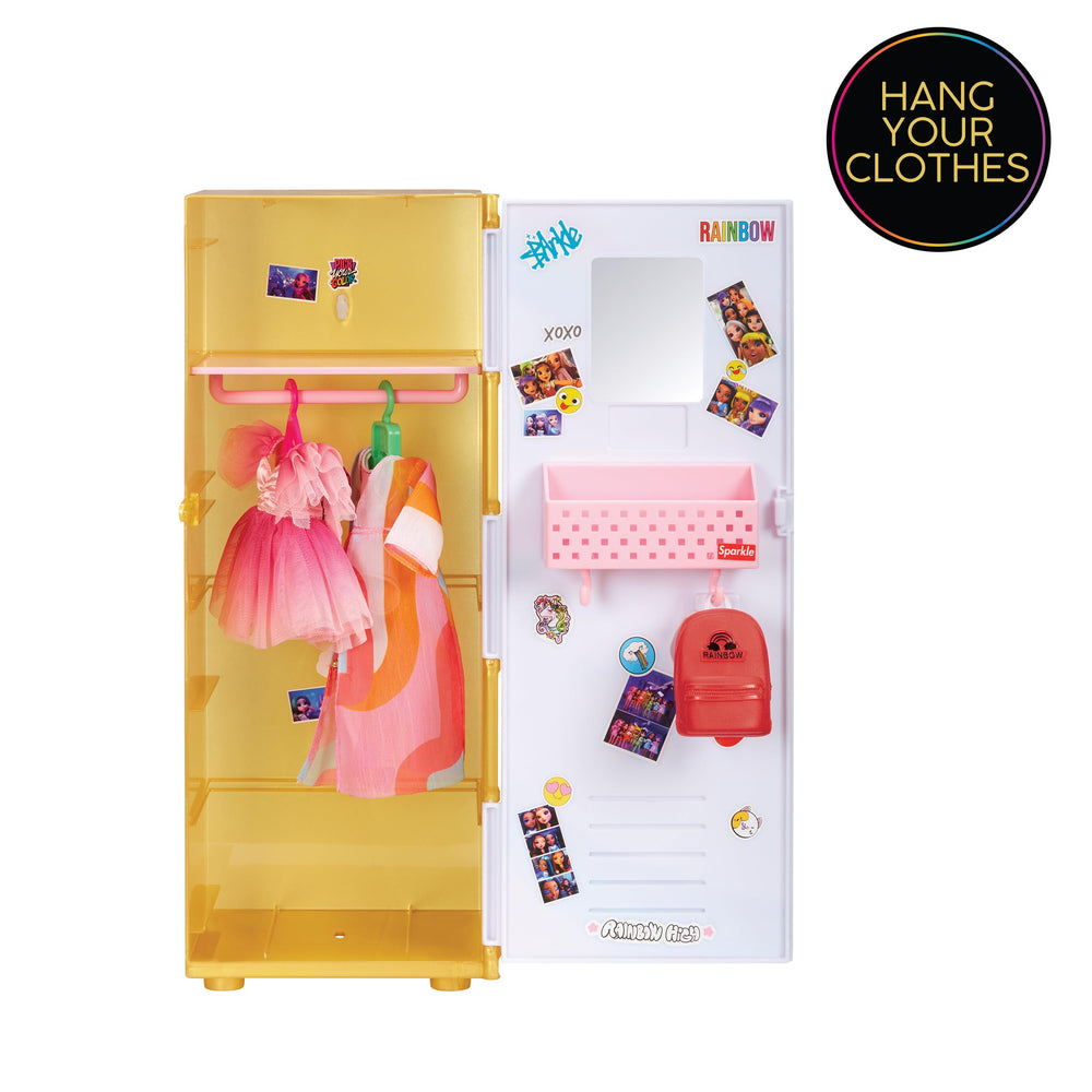 Movable shelves and basket display Rainbow High accessories neatly.
