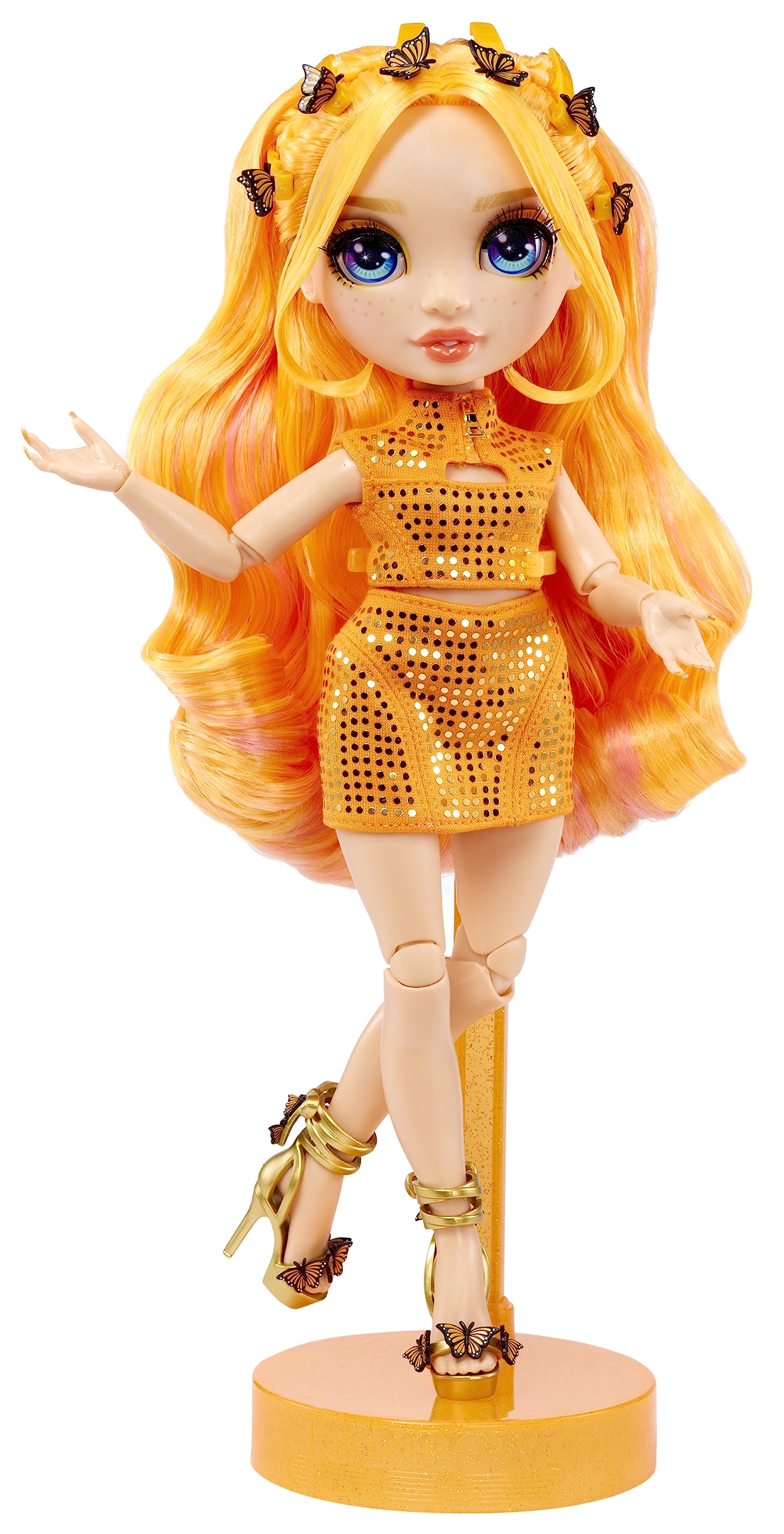 Rainbow High Poppy Rowan orange heels complete the look for stylish posing.