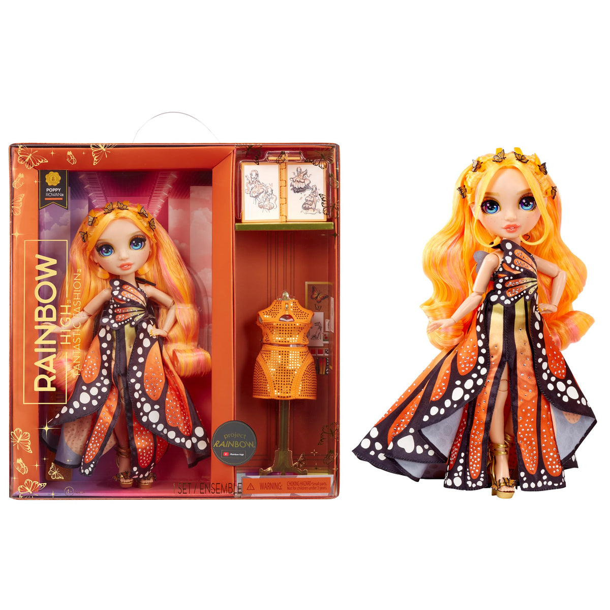 Rainbow High Poppy Rowan orange runway dress sparks imaginative fashion play.