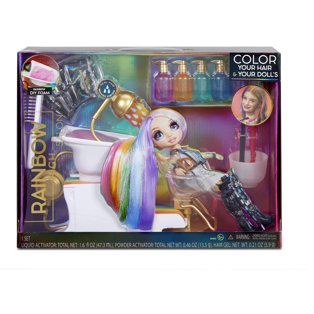 Rainbow High salon chair provides a comfy station for styling sessions.
