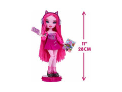 Rainbow High Pinkie James on a doll stand for poseable display.
