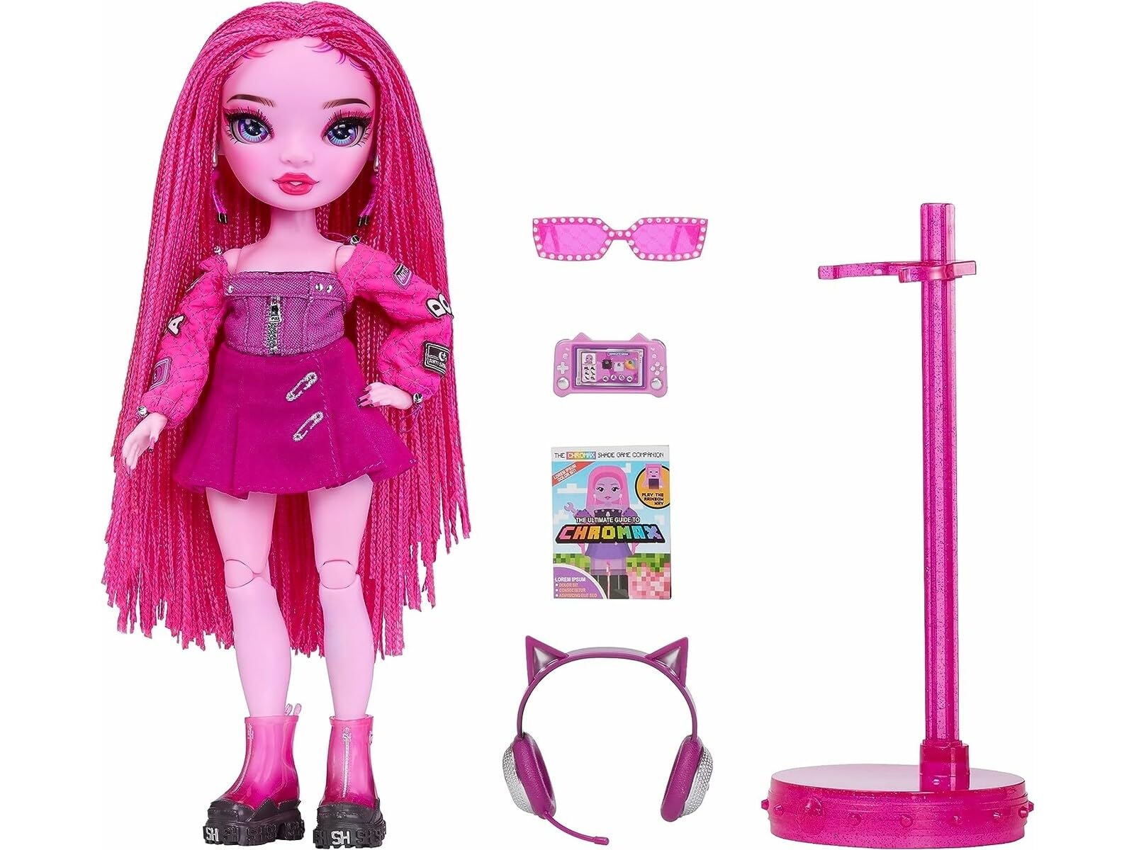 Rainbow High Pinkie James with game console and accessories for creative storytelling.