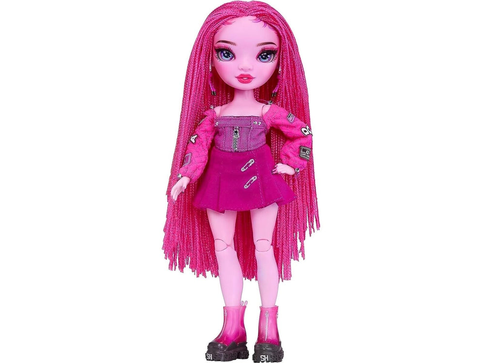Rainbow High Pinkie James in pink dress and braided hair for stylish play.