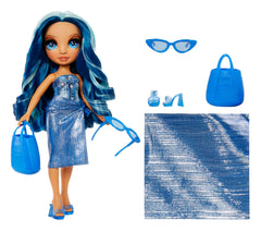 Rainbow High Skyler blue denim swimsuit ready for poolside pretend play.