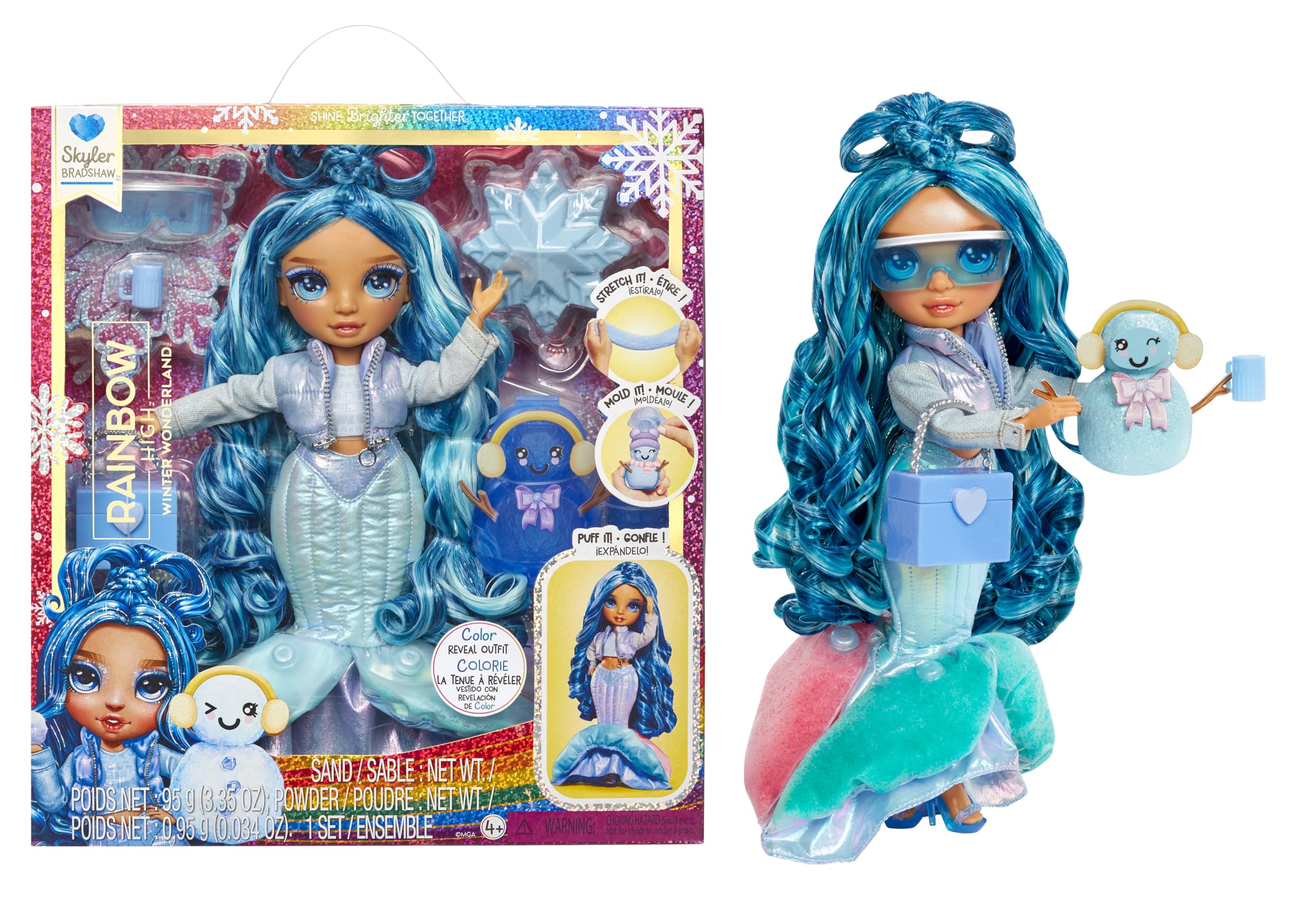 Rainbow High Skyler blue doll front view showcasing puff-up snow feature.