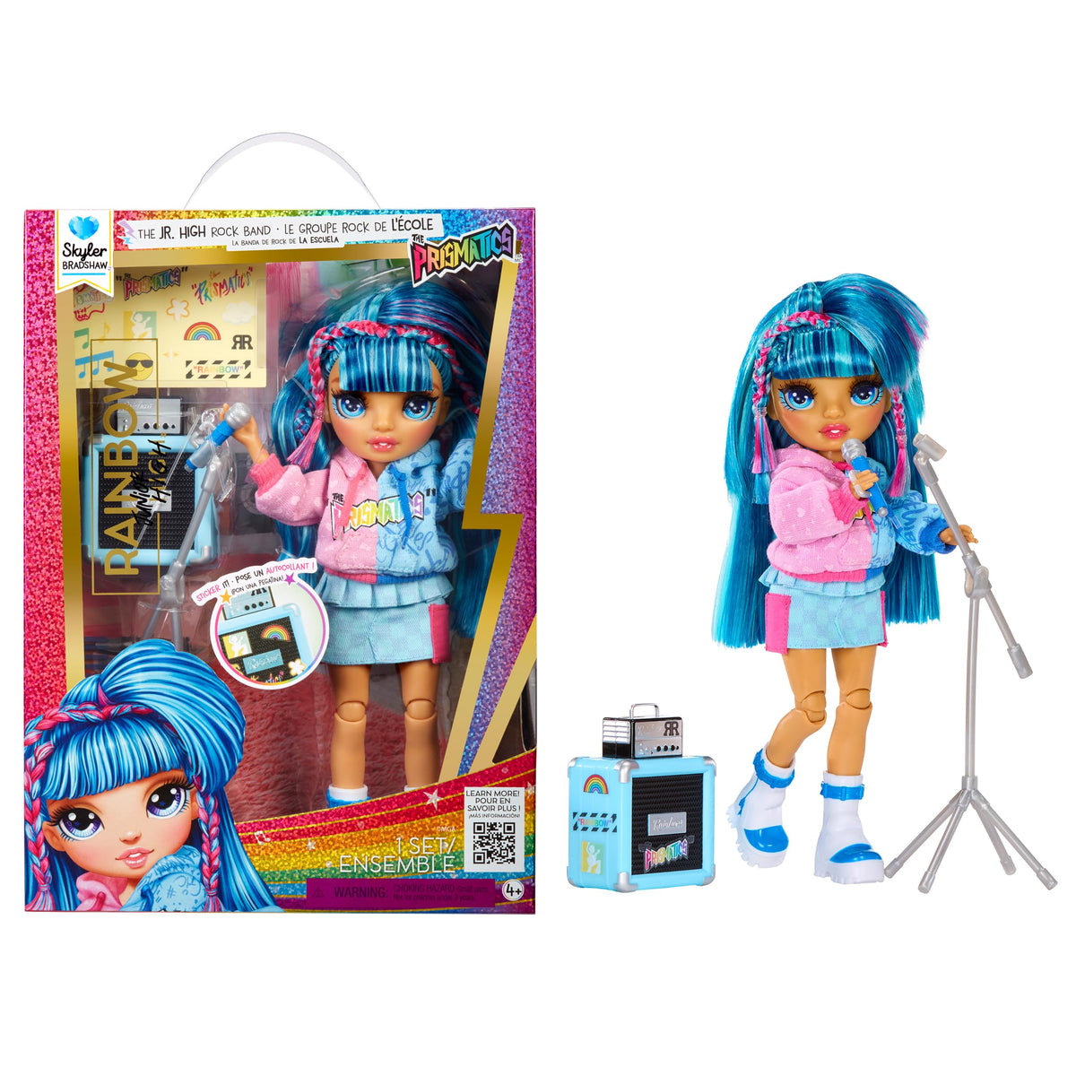 Rainbow High Skyler blue doll with vibrant outfit ready for imaginative performances.