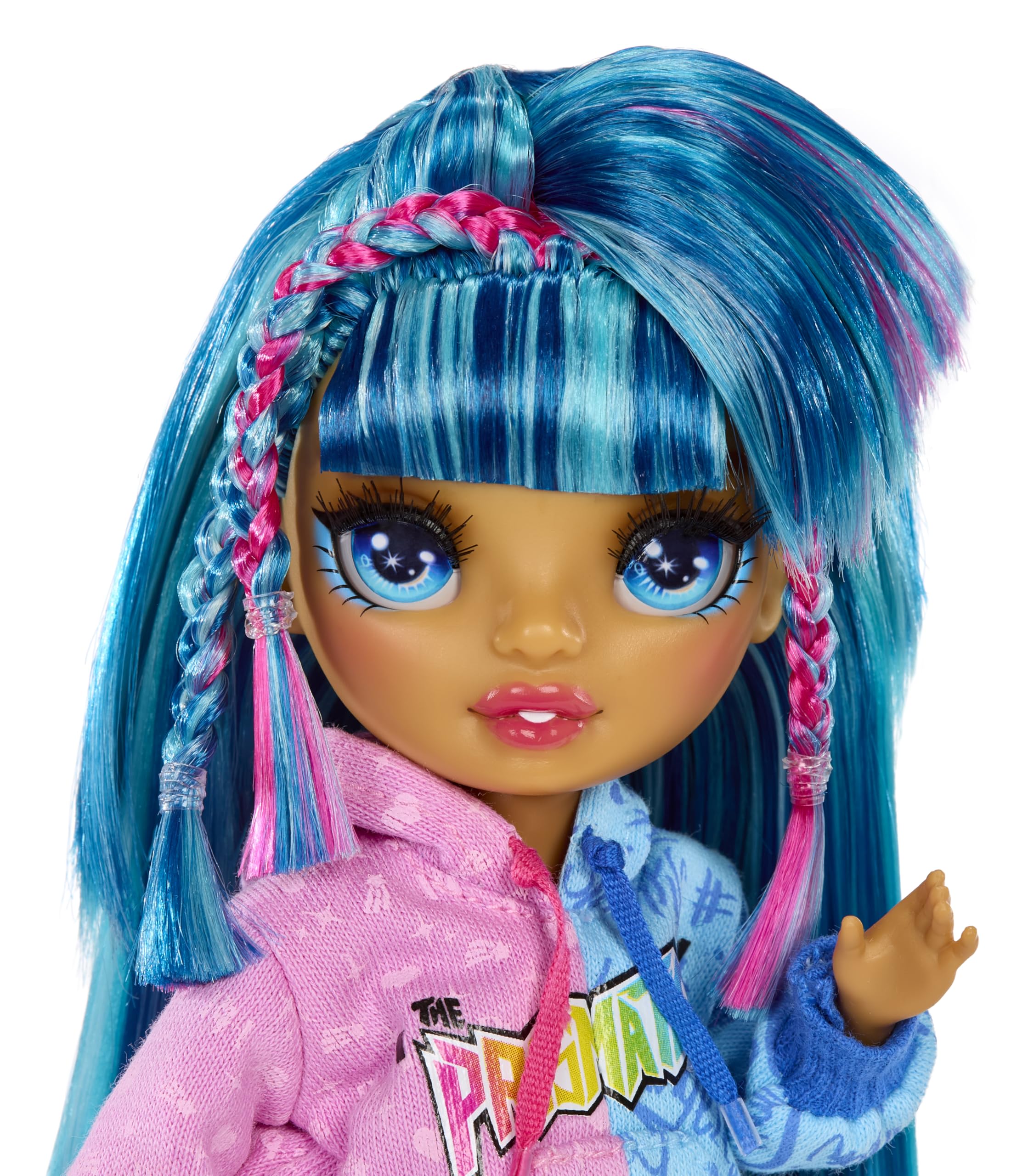 Rainbow High Skyler blue hair and facial details for expressive play.