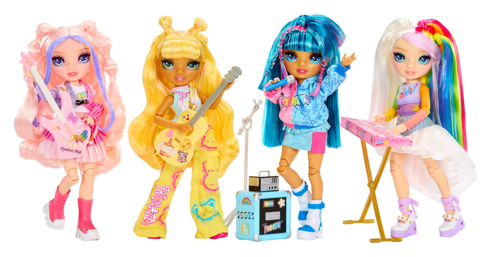 Rainbow High Skyler with blue microphone, bright stage presence.