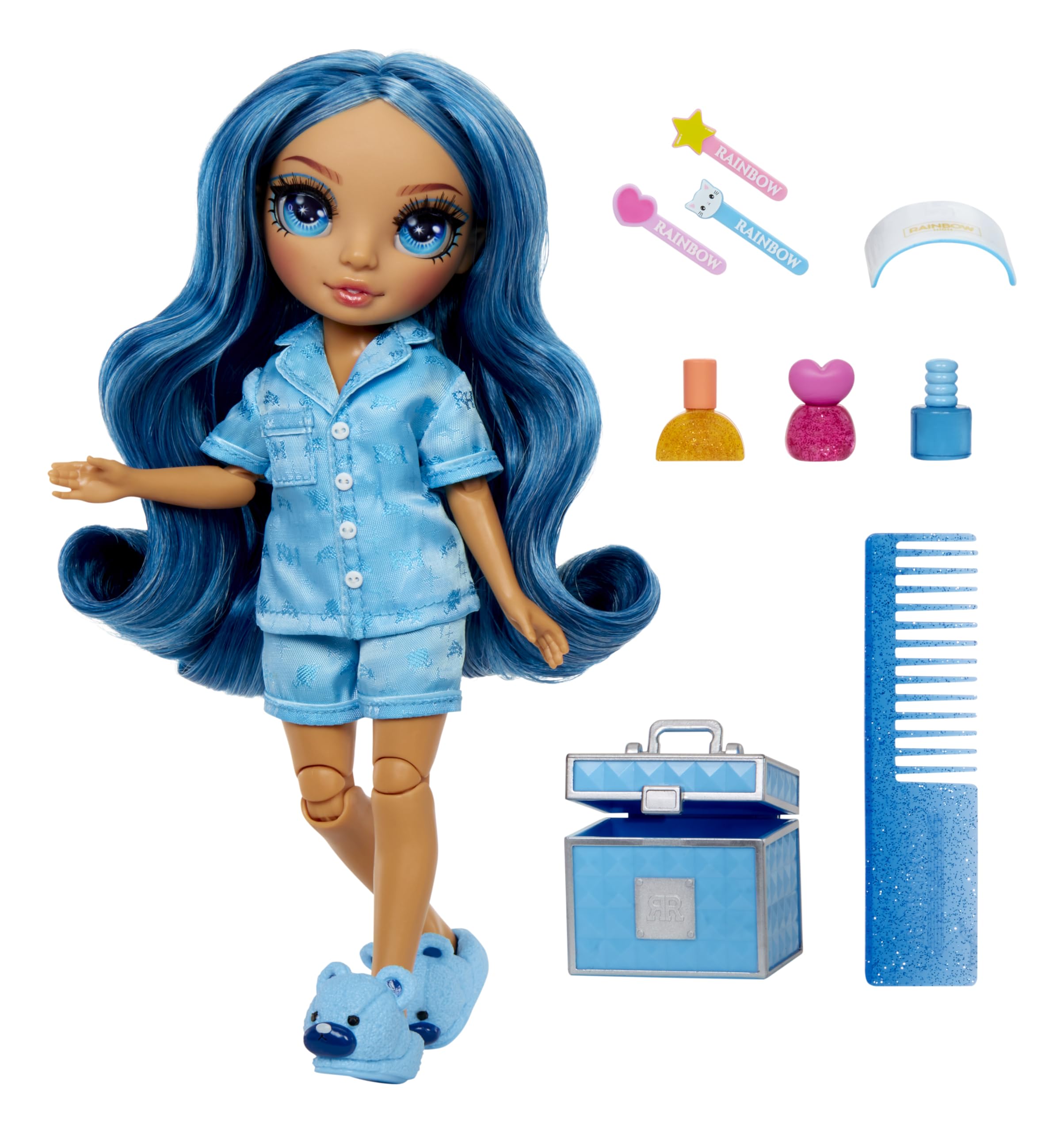Rainbow High Skyler in blue pajama set, perfect for cozy bedtime stories.